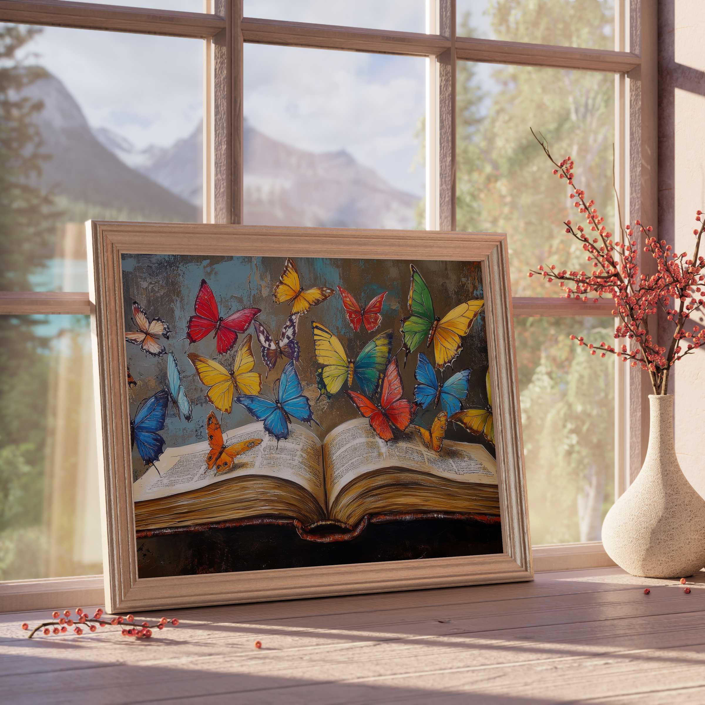Vibrant street art downloadable art with colorful butterflies emerging from an open book, enhancing curated, tranquil interiors