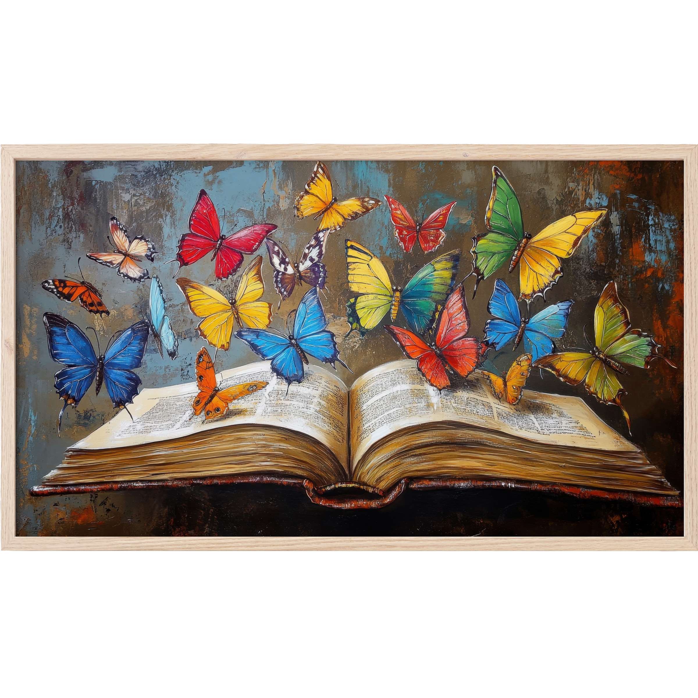 Vibrant butterflies emerge from an antique book, blending rich blues, reds, and yellows in street art Frame TV Art