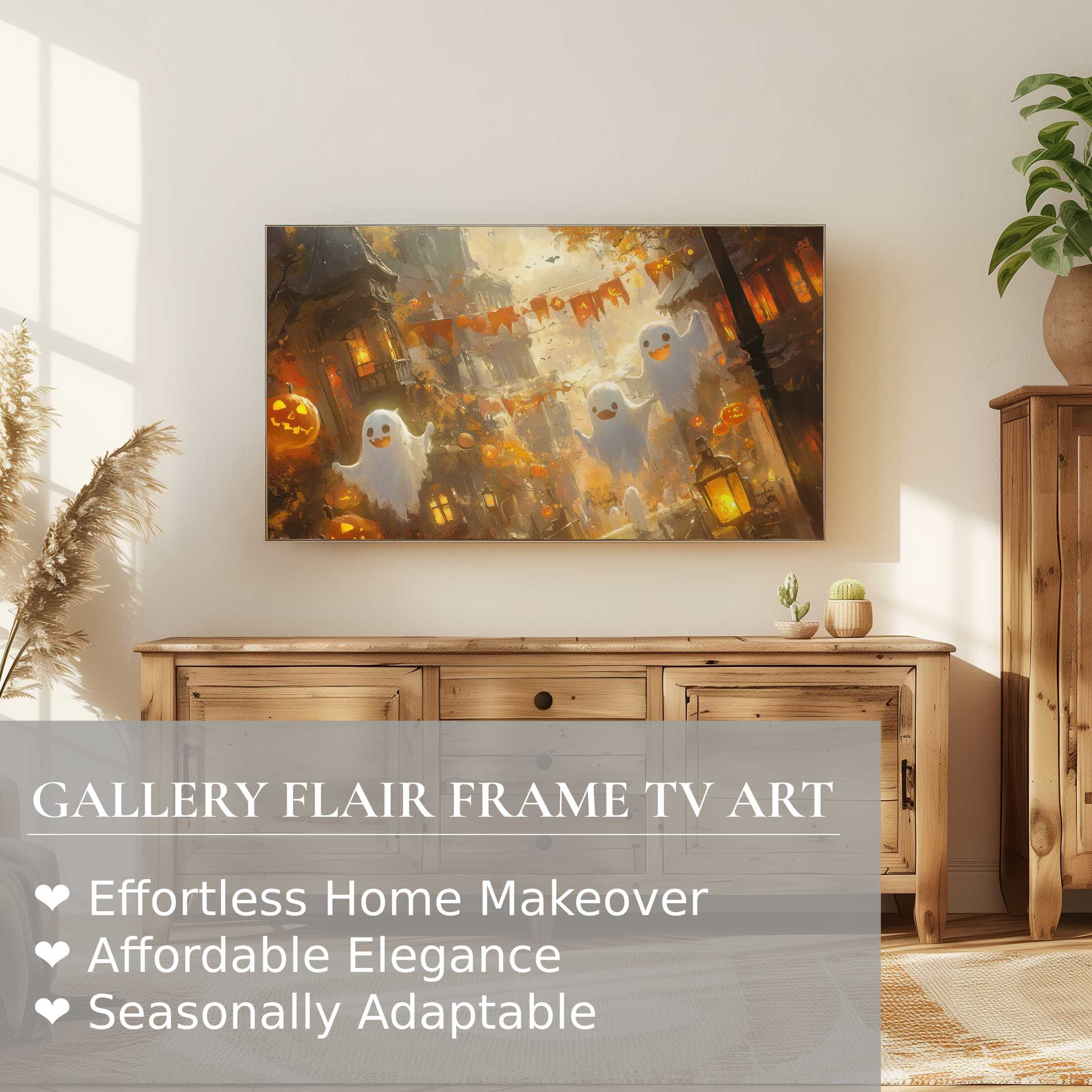 Samsung Frame TV displays warm, whimsical halloween digital artwork in a cozy, modern living space with natural light