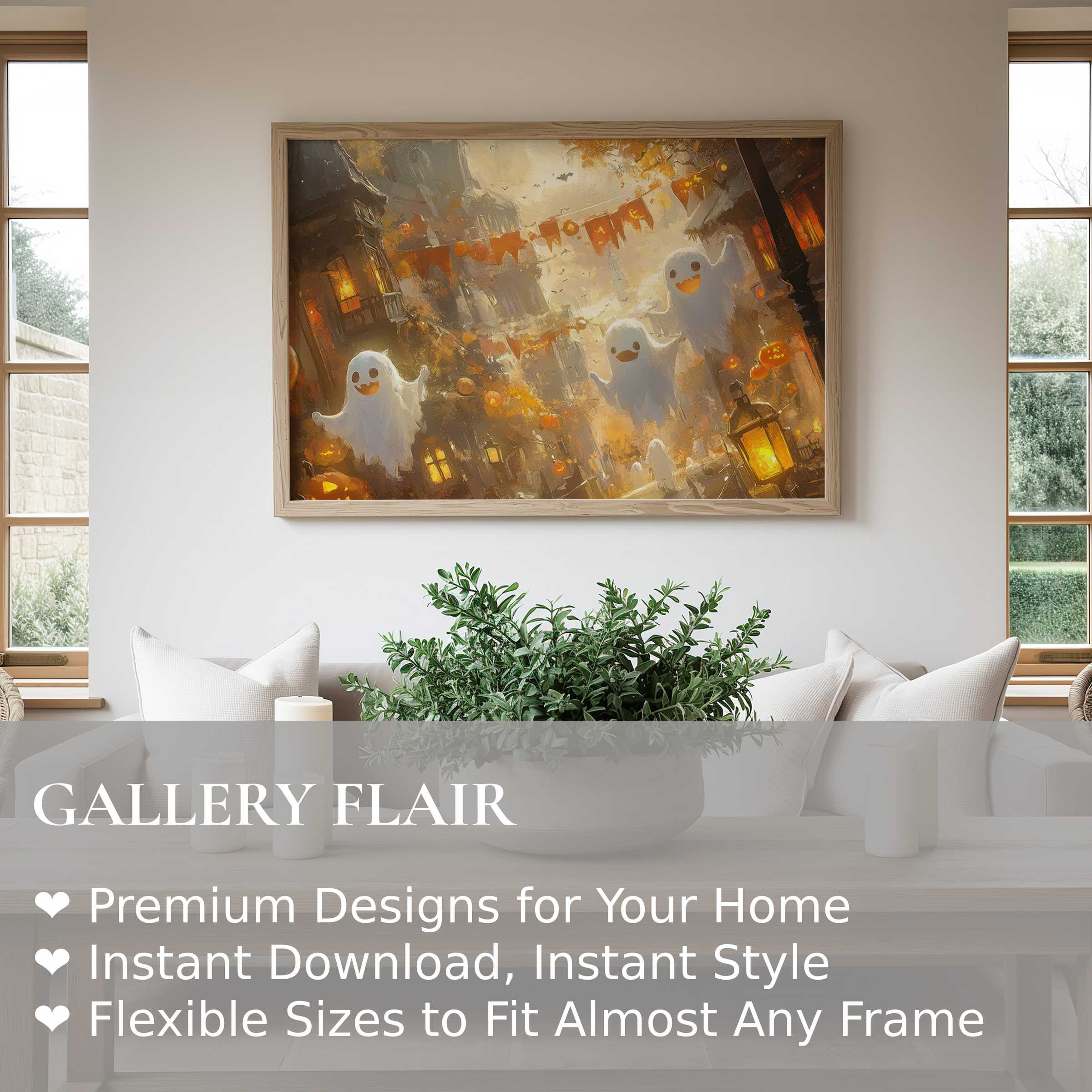 Halloween wall art print featuring whimsical glowing ghosts and pumpkins in a warm, inviting autumn scene, elevating modern minimalist interiors with festive charm and cozy ambiance
