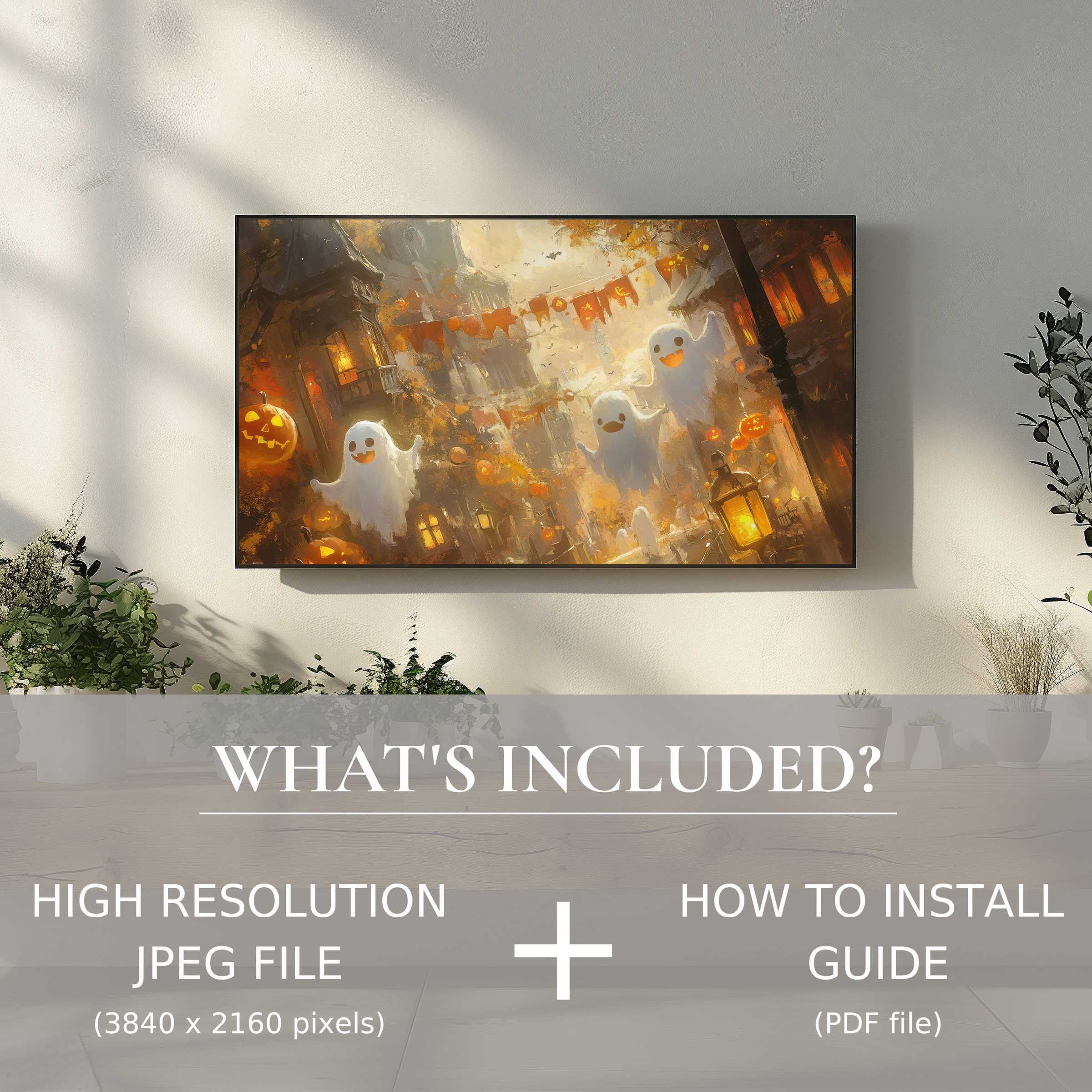 Elegant Halloween digital TV art download showcasing charming ghosts, enhancing living spaces with easy digital use