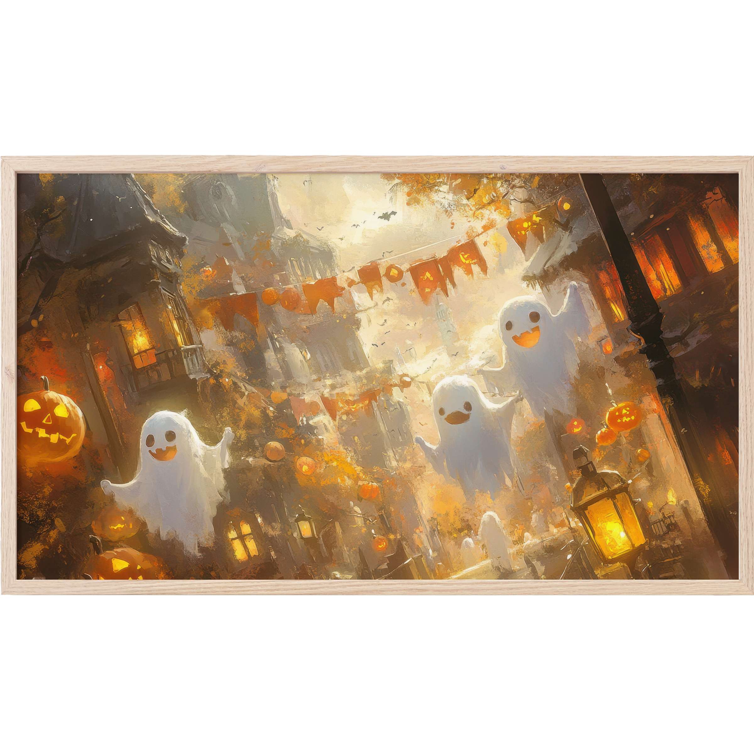 Whimsical halloween Frame TV Art with glowing pumpkins and playful ghosts in warm, muted autumnal hues