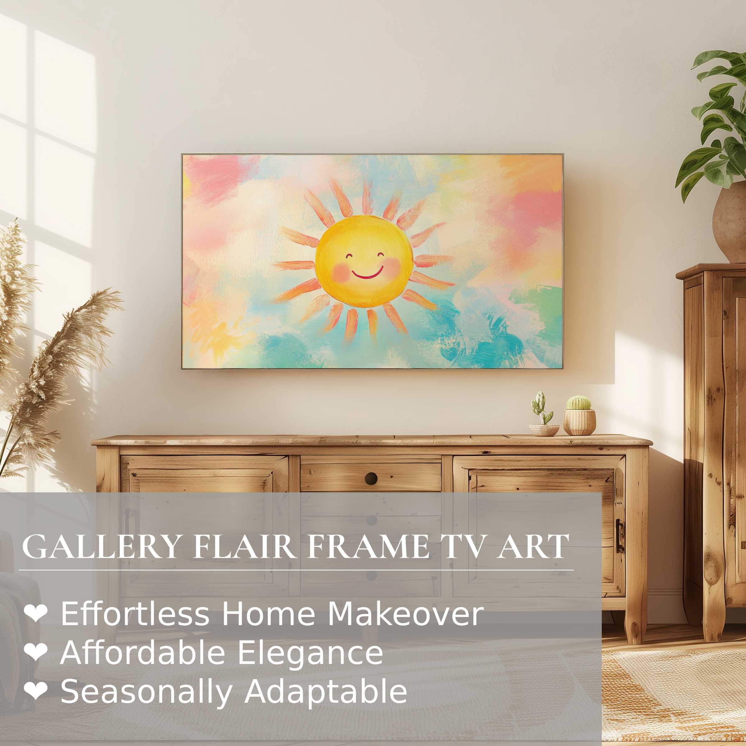 Samsung Frame TV displaying nursery digital artwork of a smiling sun in pastel hues, stylish modern nursery decor