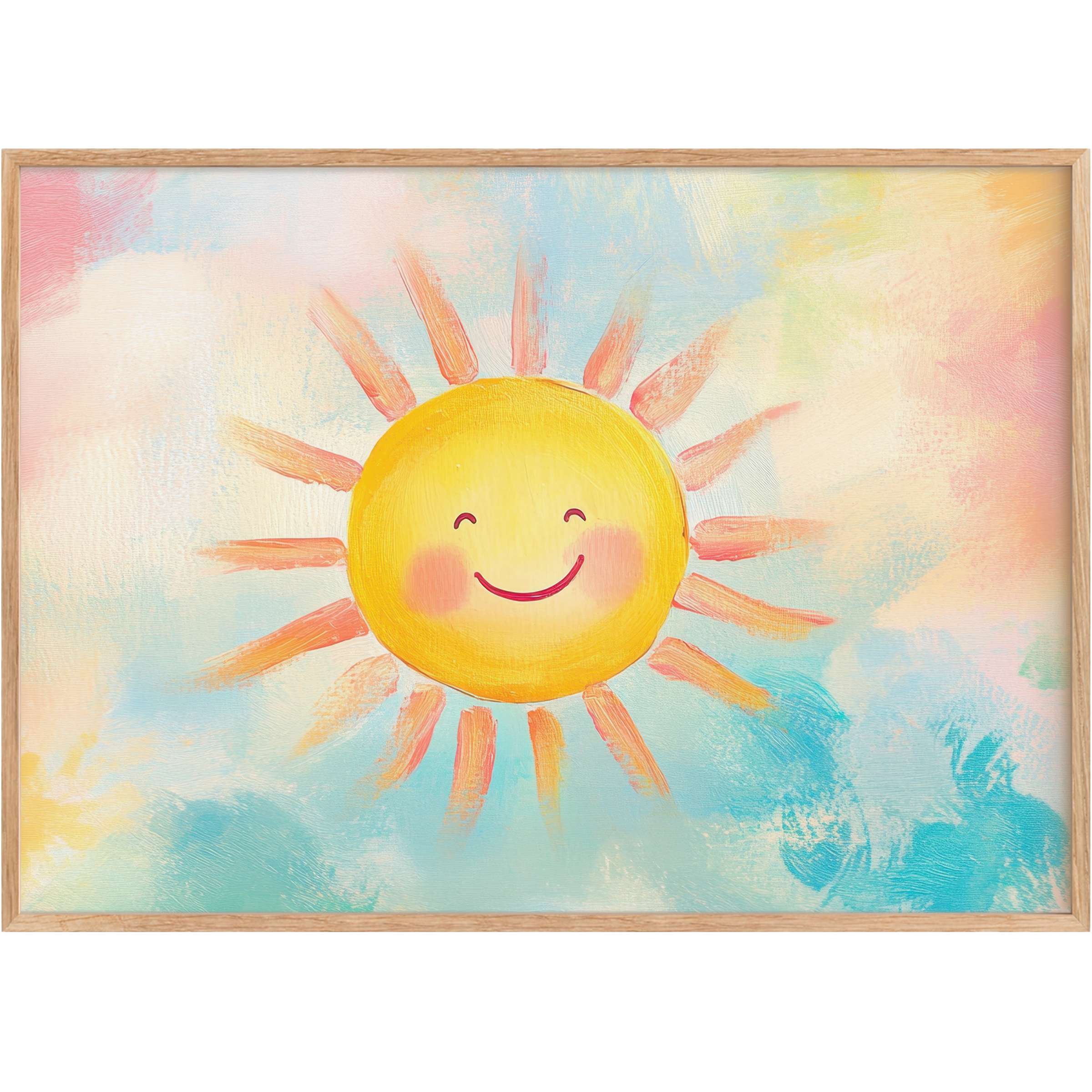 Cheerful nursery printable wall art with a radiant smiling sun in warm yellows and soft pastel blues, evoking joy and tranquility