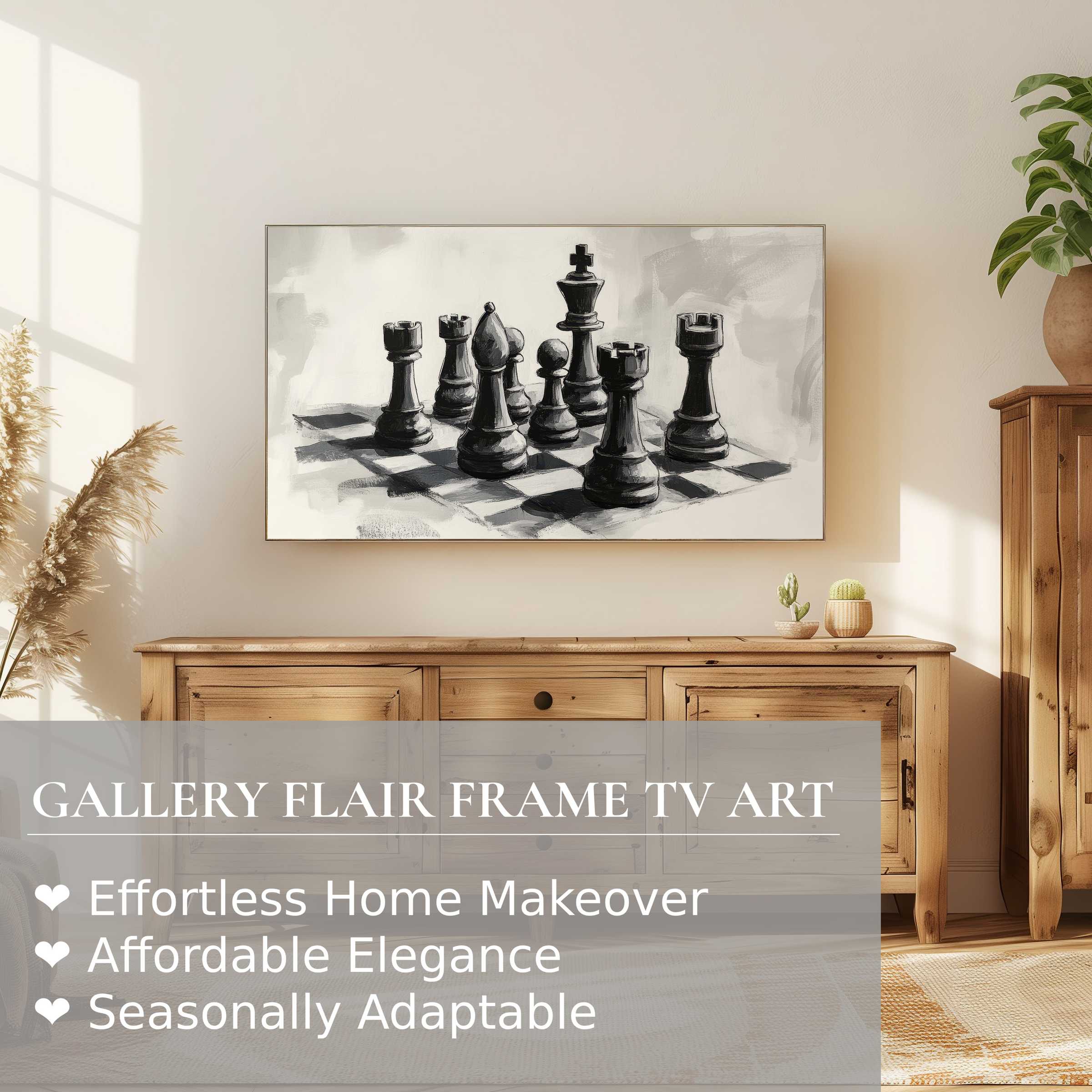 Samsung Frame TV showcasing black and white digital artwork of chess pieces in a modern, elegant living room setting
