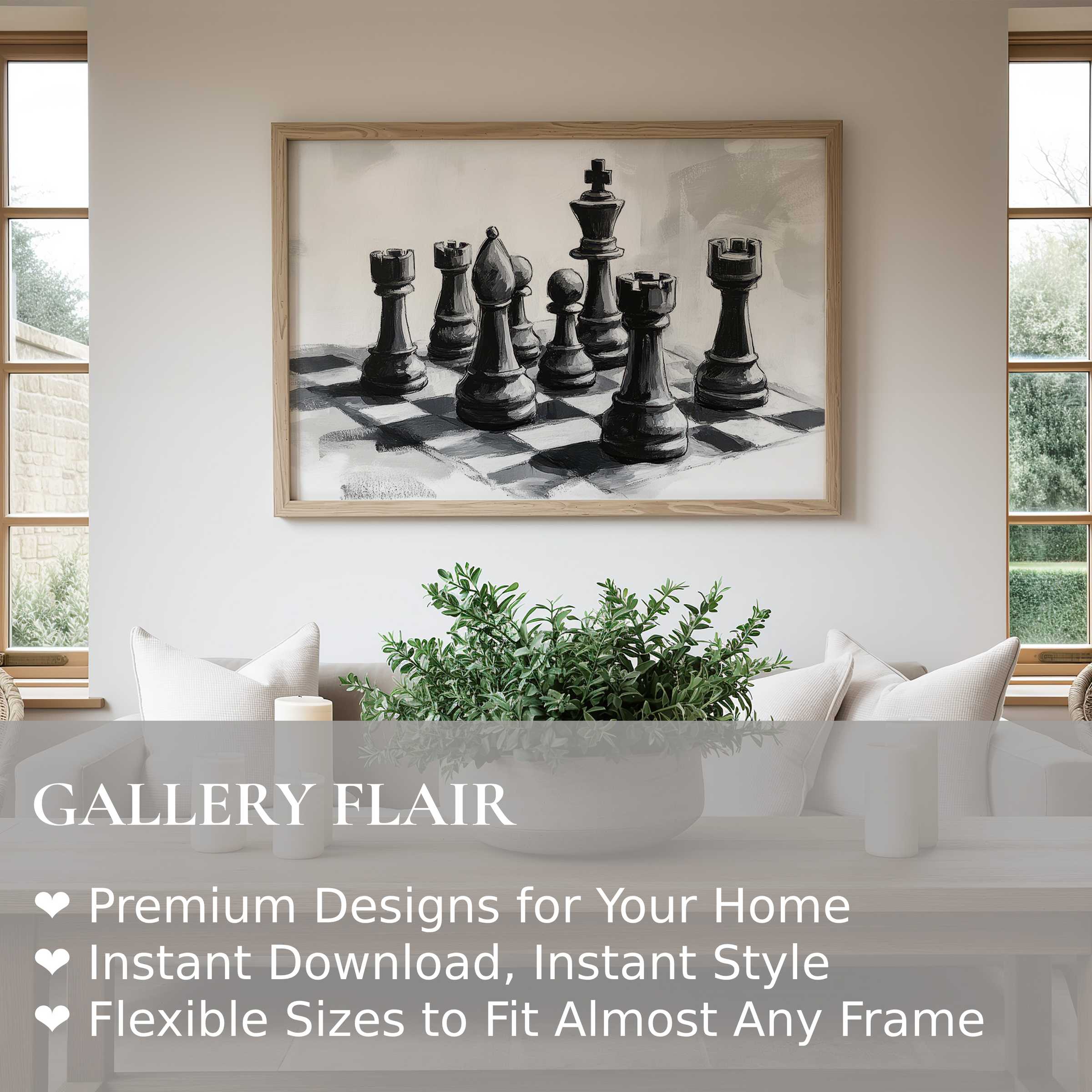 Black and white wall art print of bold chess pieces in a modern, serene living room, enhancing minimalist decor with strategic elegance and timeless style