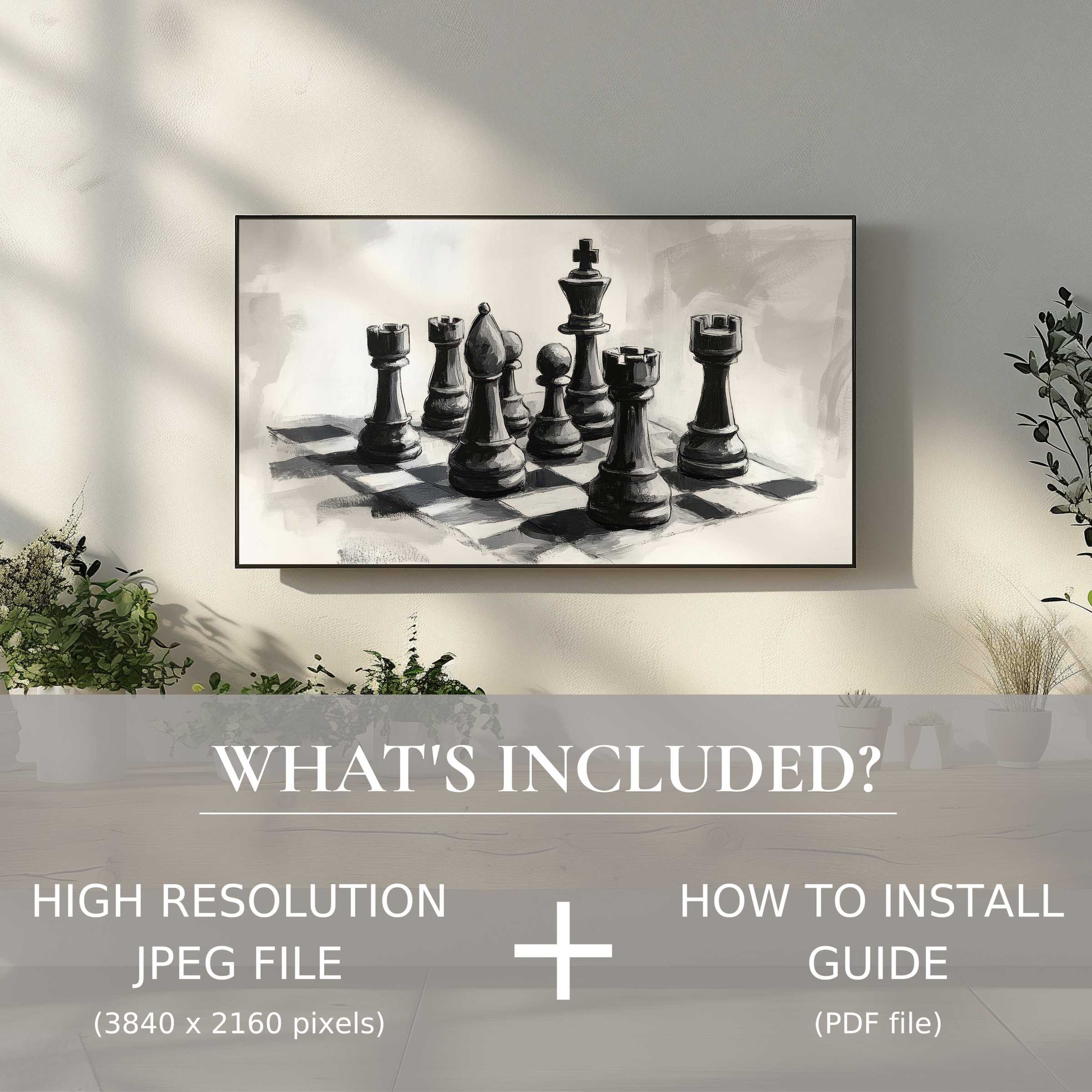 Elegant black and white digital TV art download, easy to use, elevates stylish living rooms with striking chess imagery