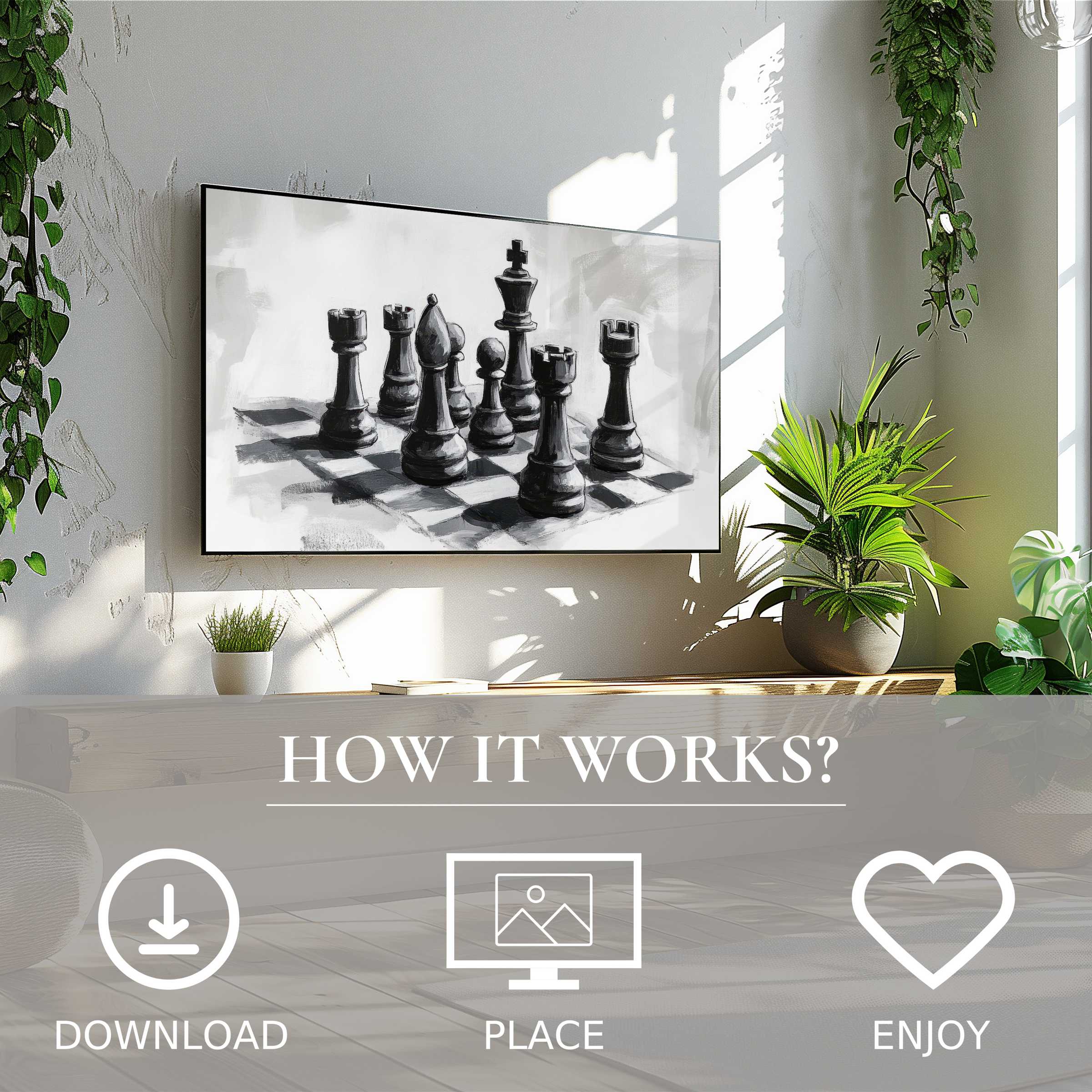 Modern living room with black and white art for Samsung TV showing bold chess pieces, easy digital download enriches space