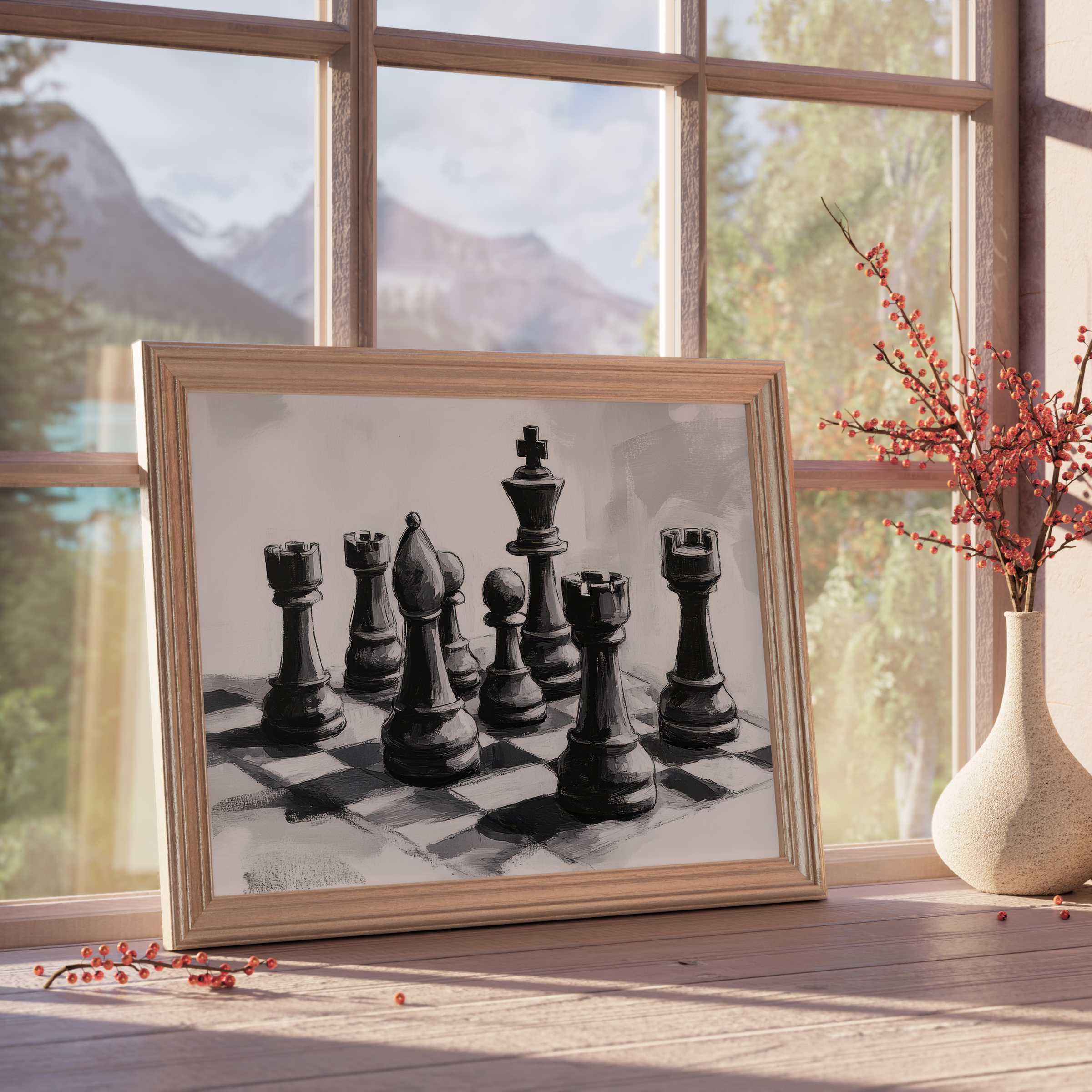 Elegant black and white downloadable art featuring a sophisticated chess scene, enhancing curated modern interiors with calm, timeless charm