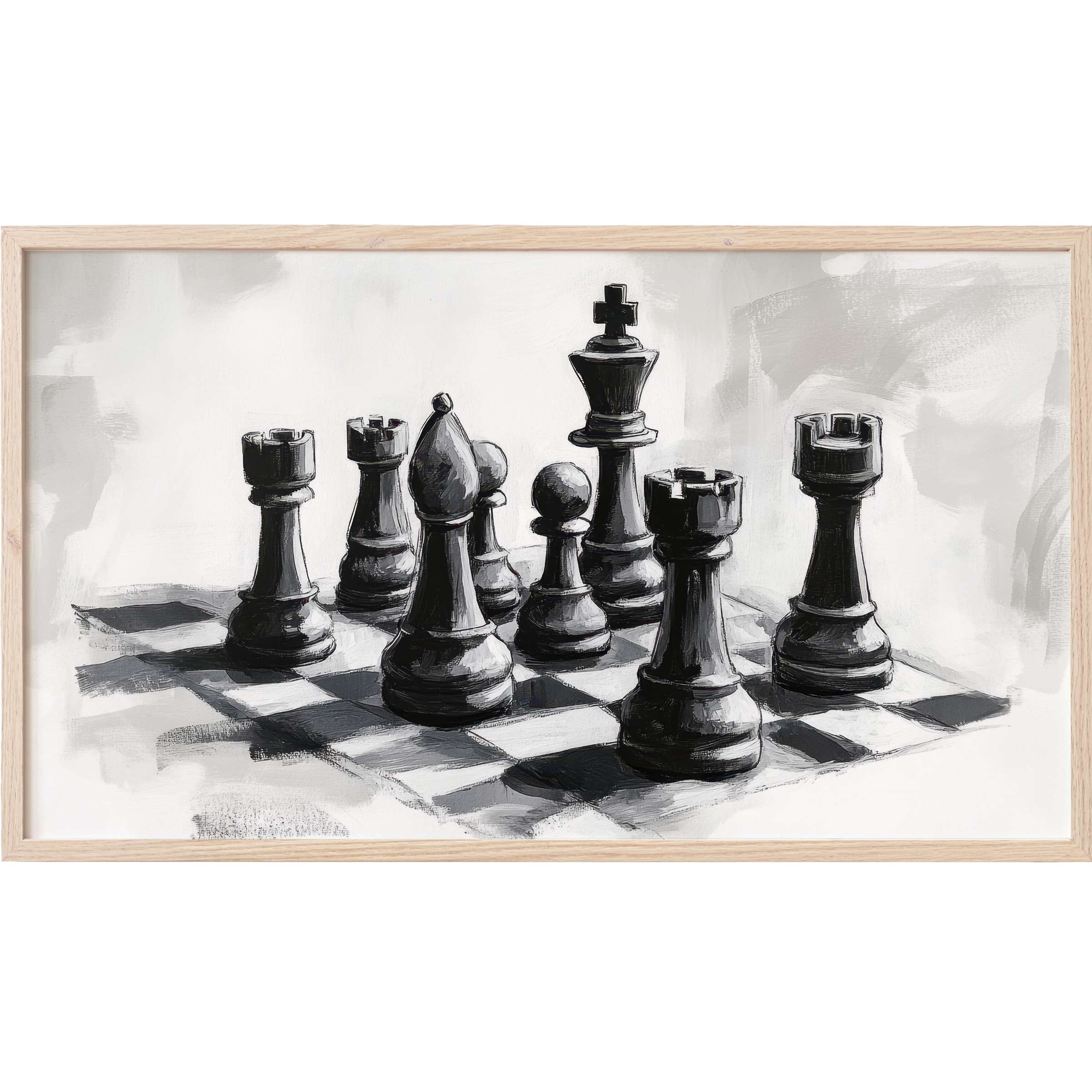 Elegant black and white chess pieces rendered in expressive brushstrokes for sophisticated black and white Frame TV Art