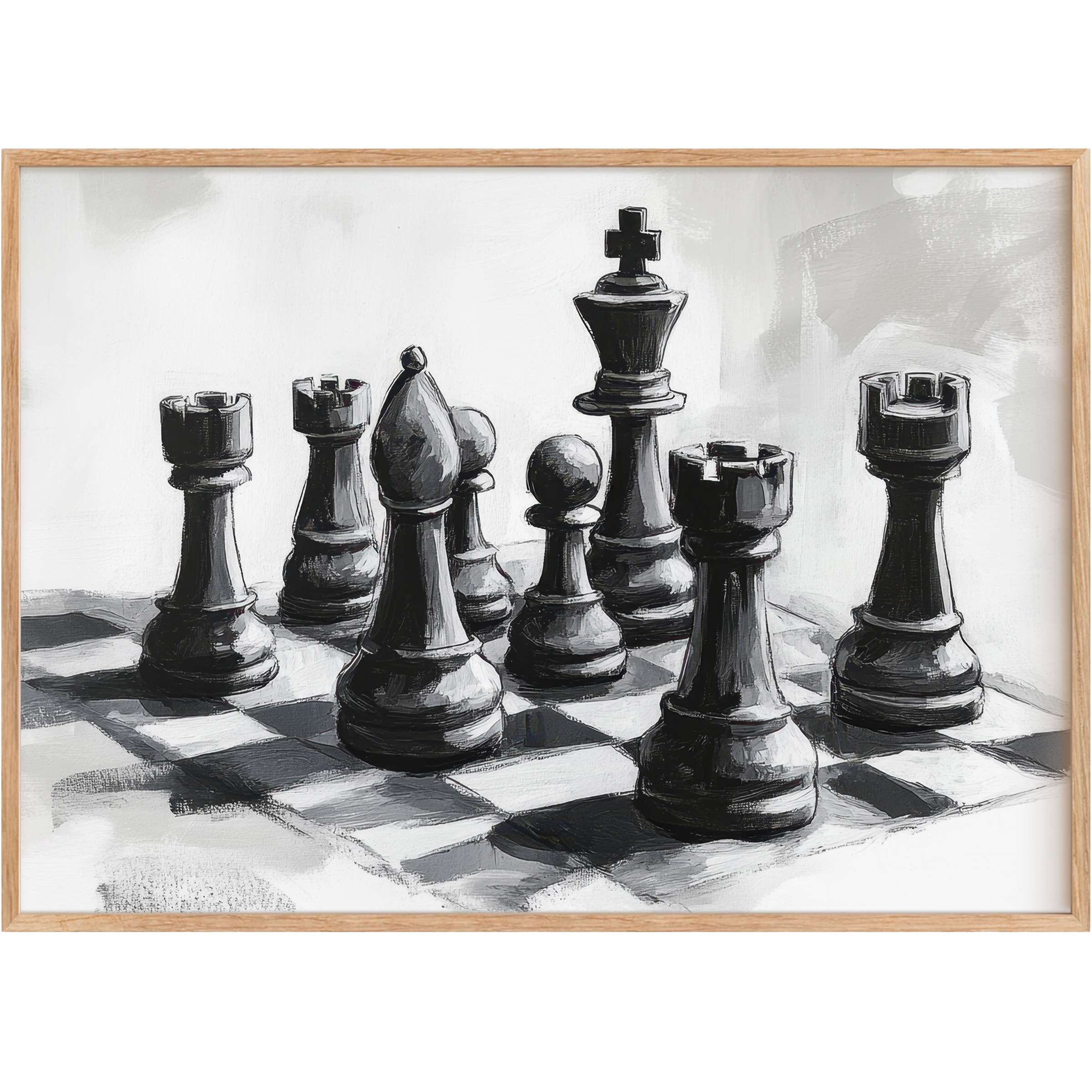 Bold black and white printable wall art capturing a poised chess scene, evoking strategic elegance and timeless sophistication