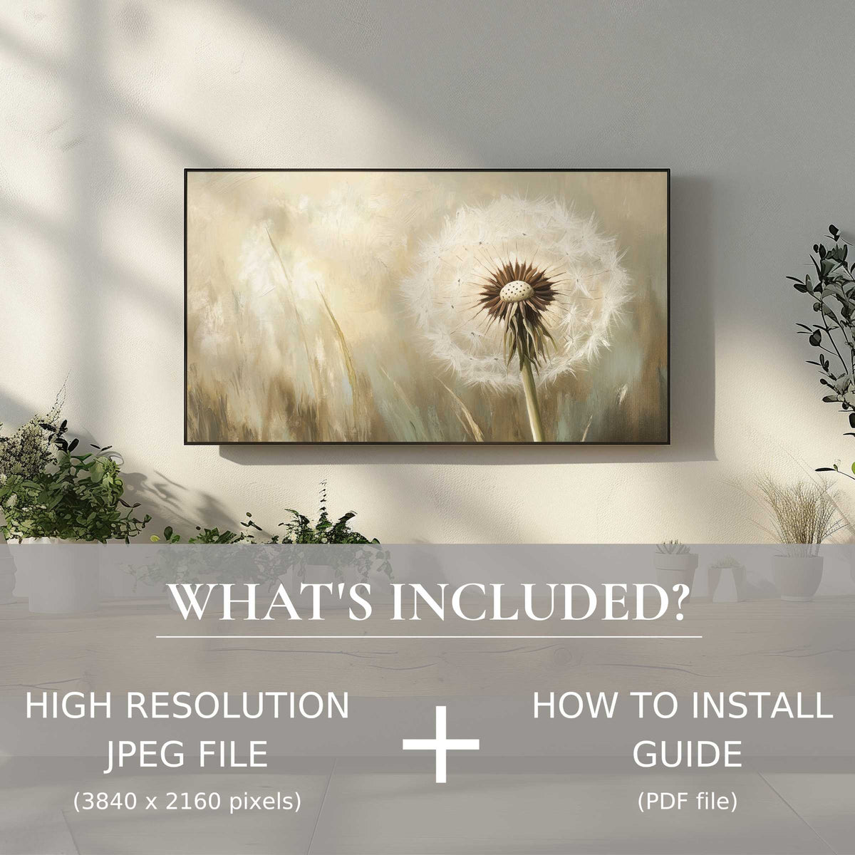 Elegant botanical digital TV art download enhances living space with effortless digital use in a modern, stylish setting