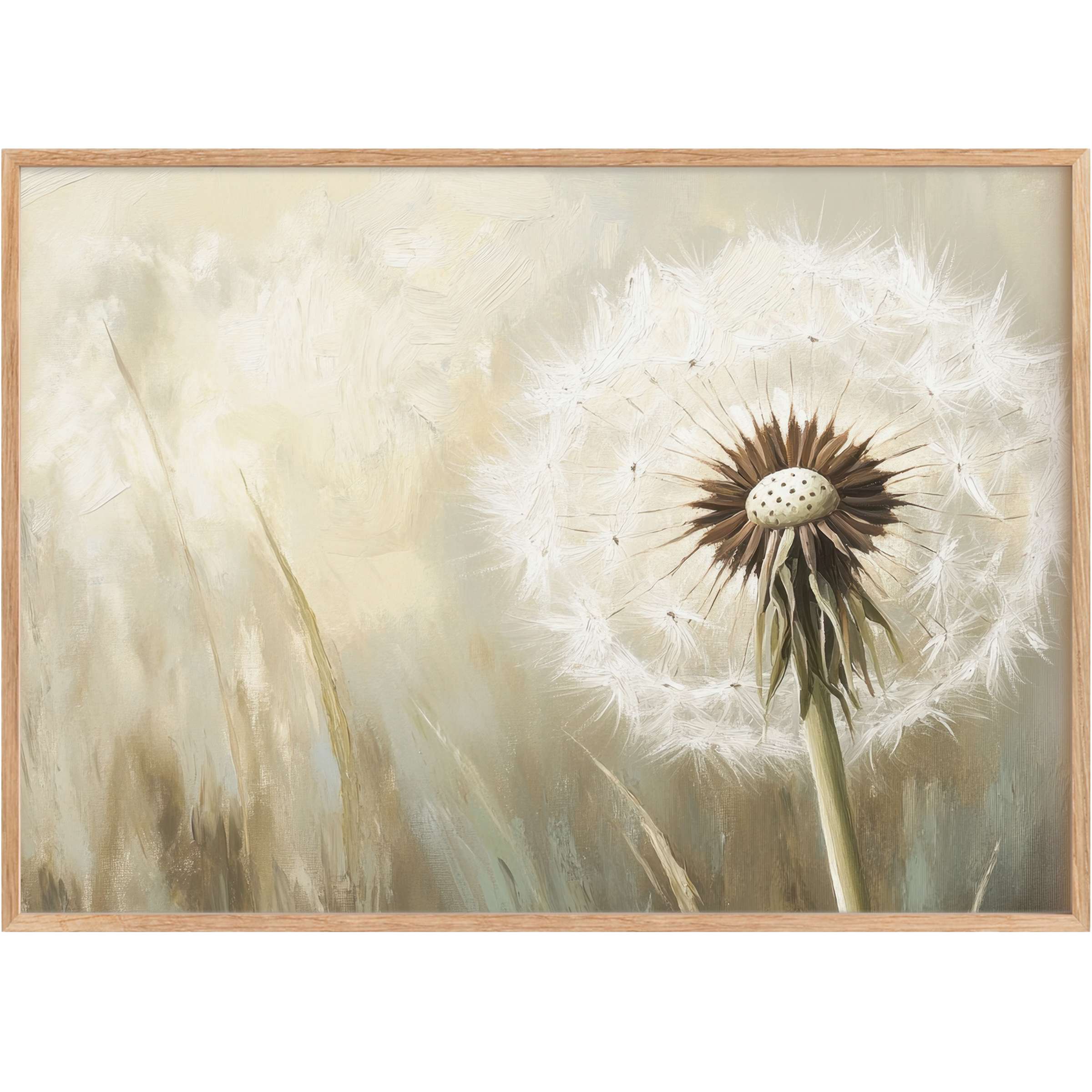 Botanical printable wall art capturing a delicate dandelion in soft neutrals, evoking serene and airy elegance