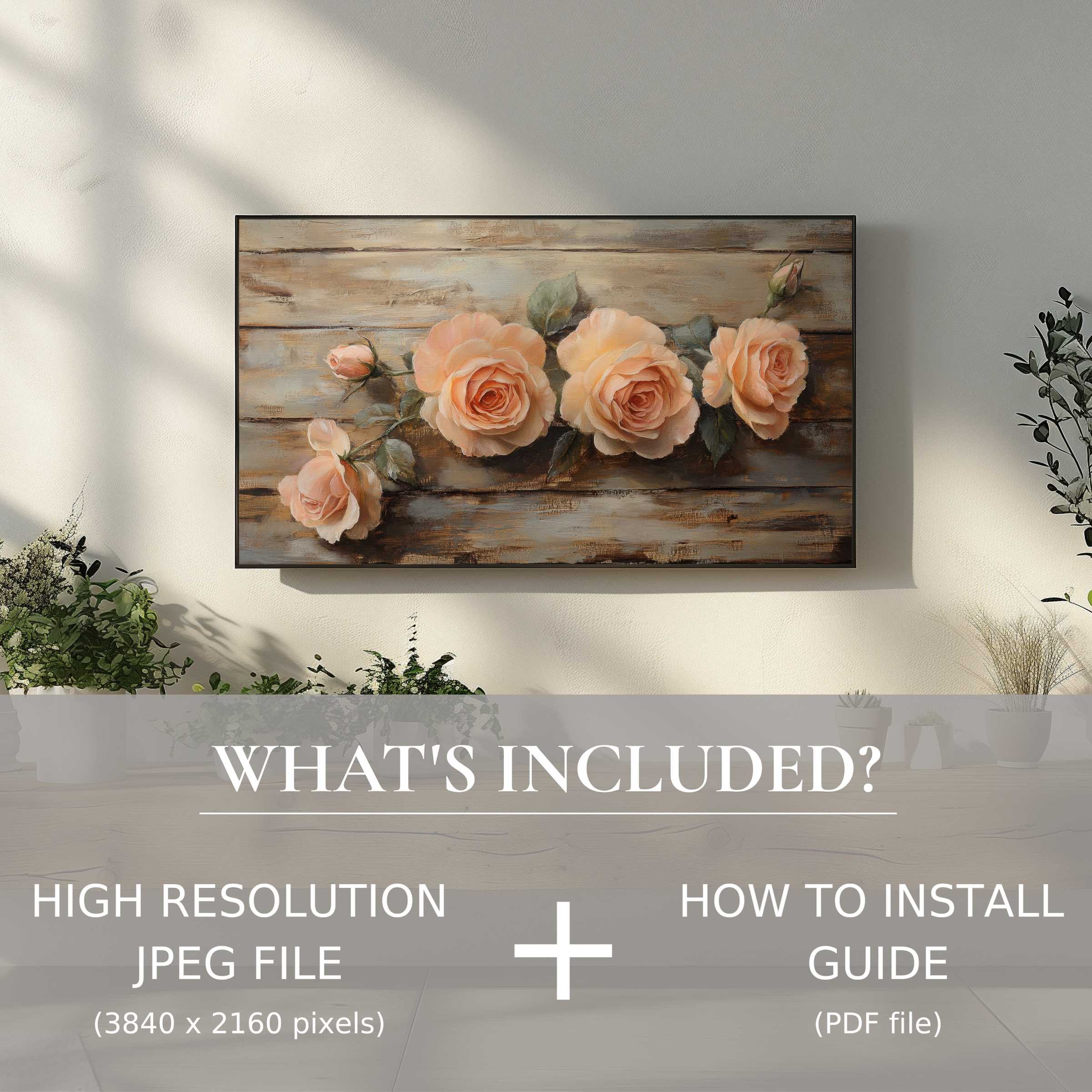 Elegant living space with floral digital TV art download, easy to use and enriches modern home decor ambiance