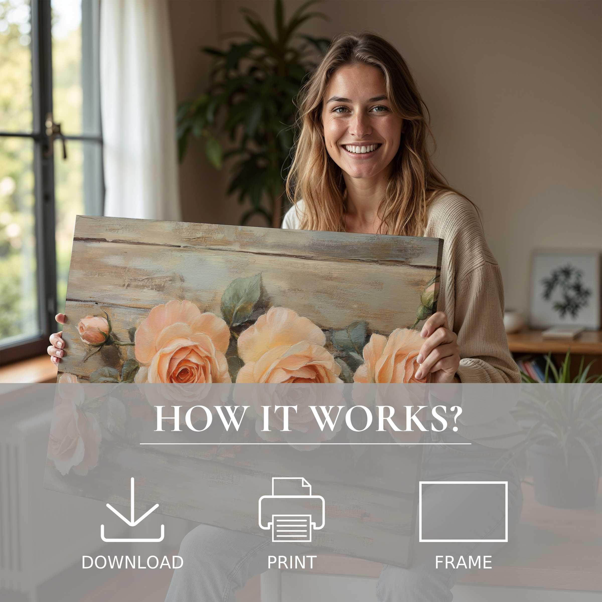 A serene moment in a stylish home where a floral digital art print inspires joy and effortless elegance in everyday living