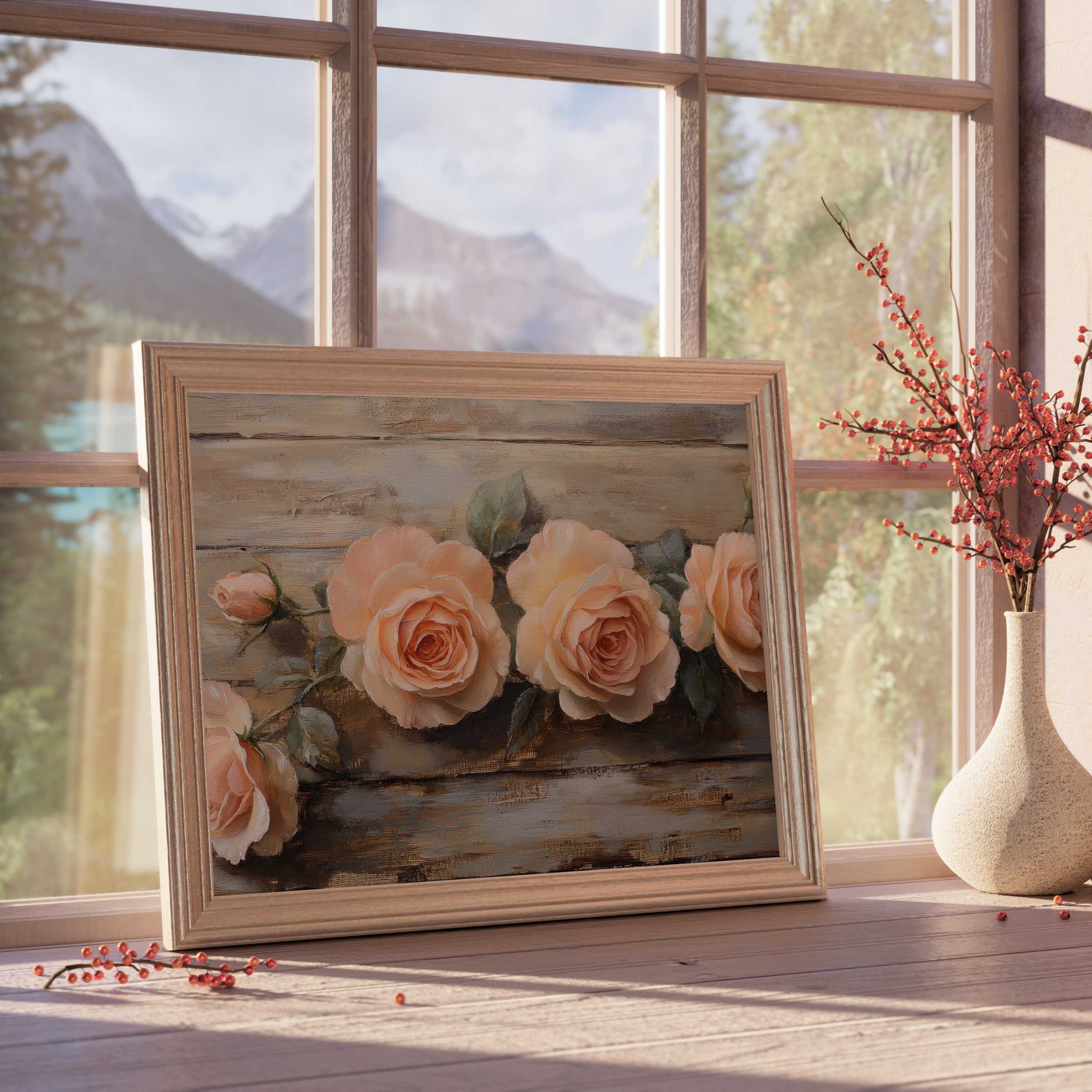 Elegant floral downloadable art featuring soft peach roses against rustic wood, perfect for serene, design-forward interiors