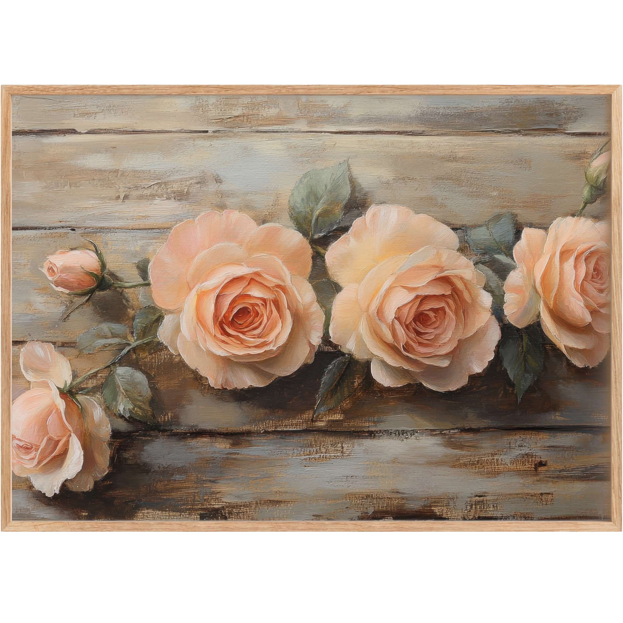 Elegant floral printable wall art featuring soft peach roses against rustic wood, creating a serene, timeless ambiance
