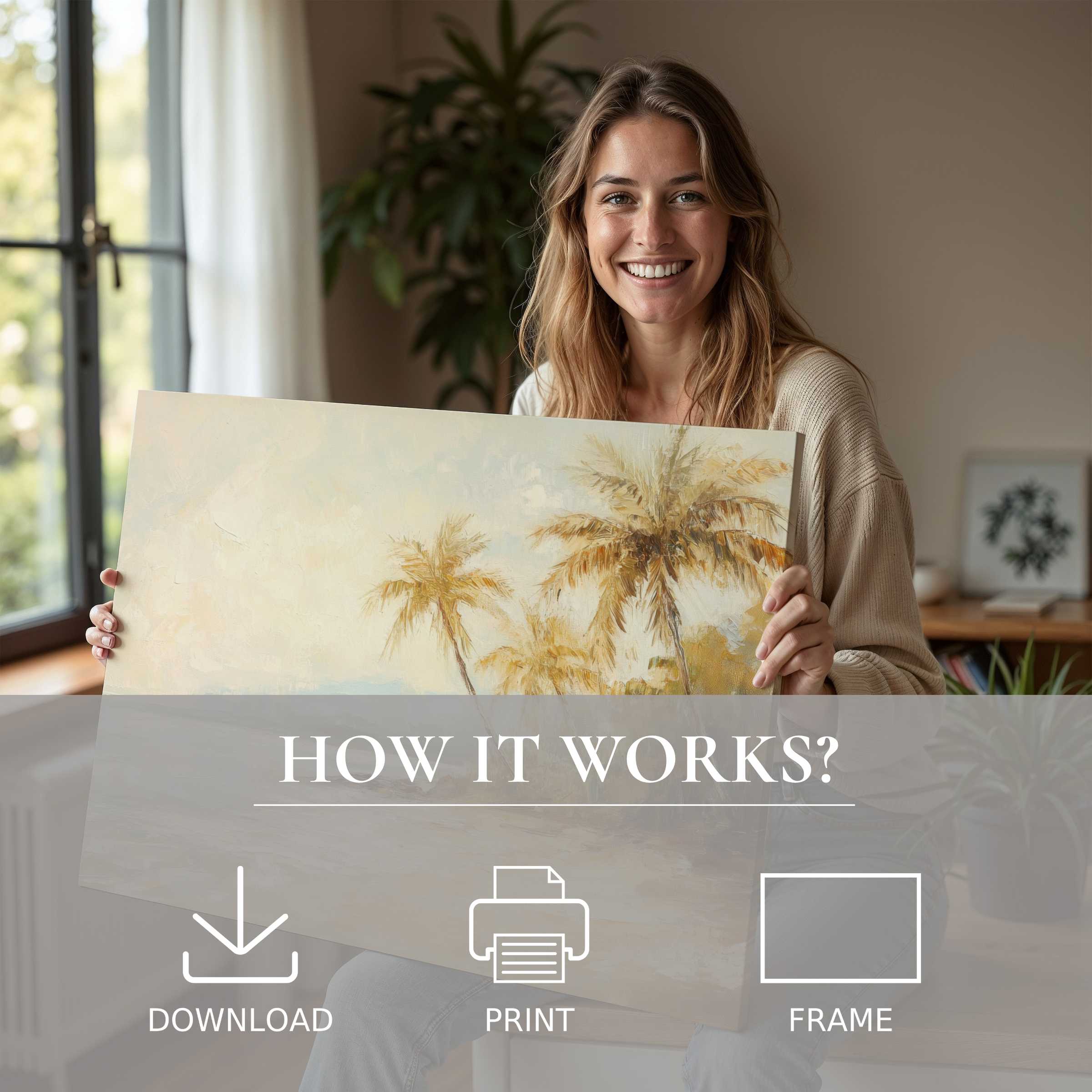 Coastal digital art print evokes tranquil joy, elevating modern living with effortless elegance and sun-kissed warmth