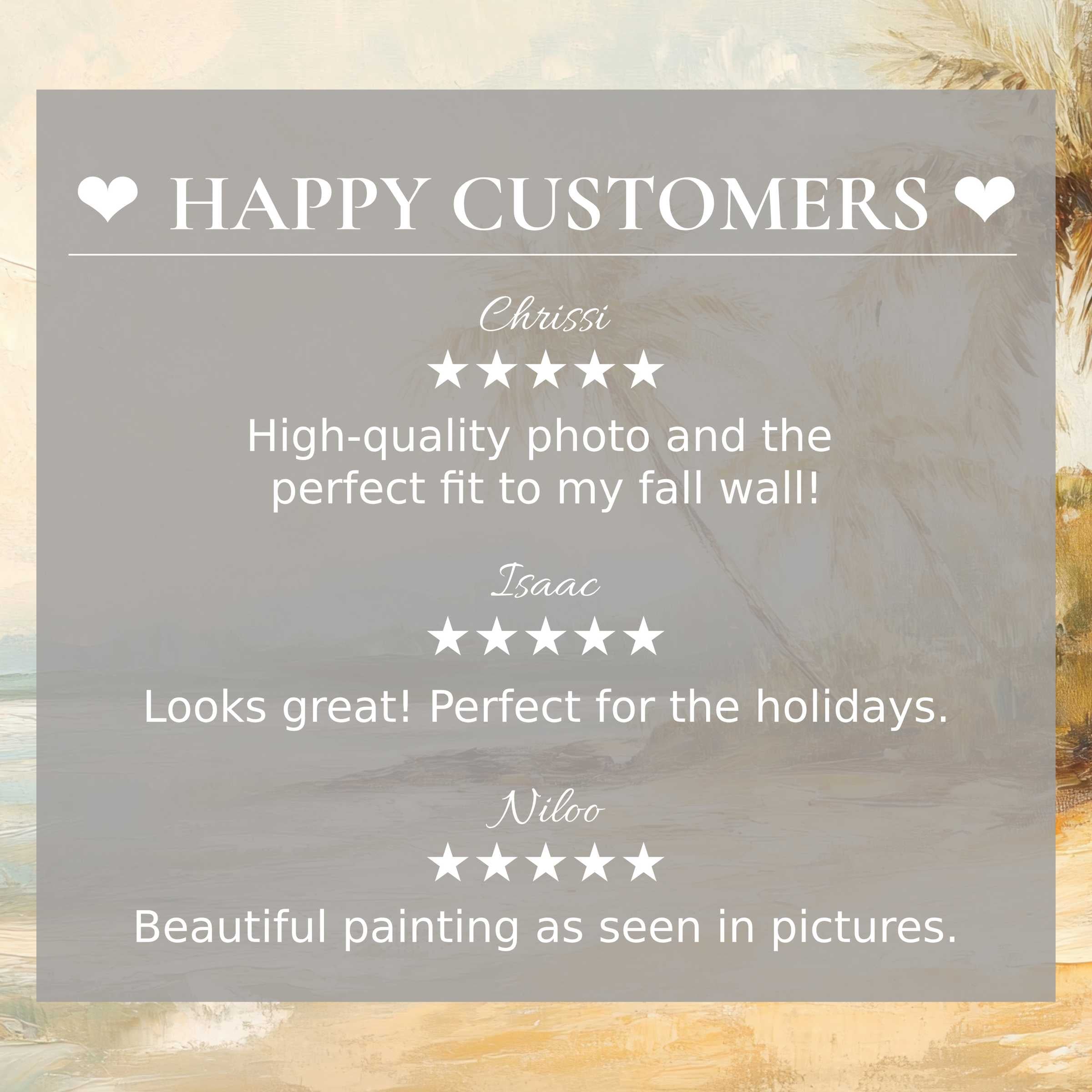 Happy customer reviews emphasize trust and style with coastal art for Frame TV and abstract sunset tones