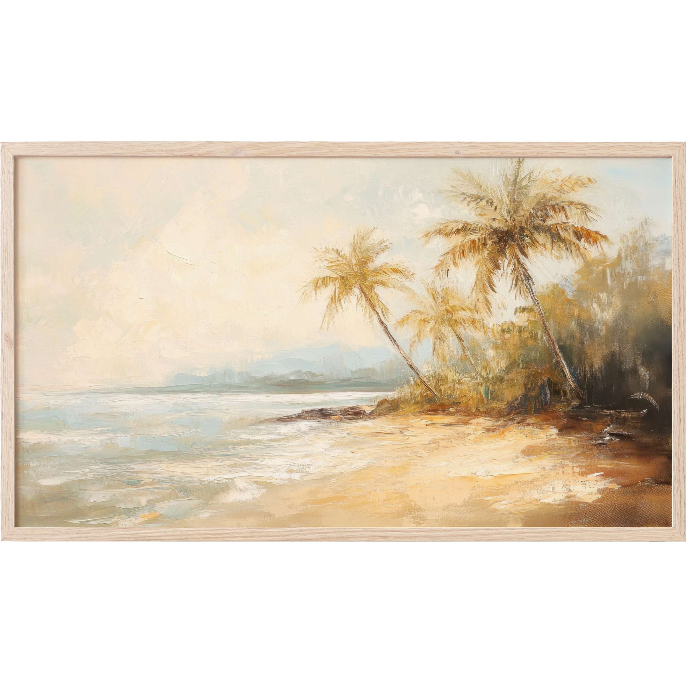 Soft coastal Frame TV Art depicting a serene beach with golden palms in muted beige and blue tones