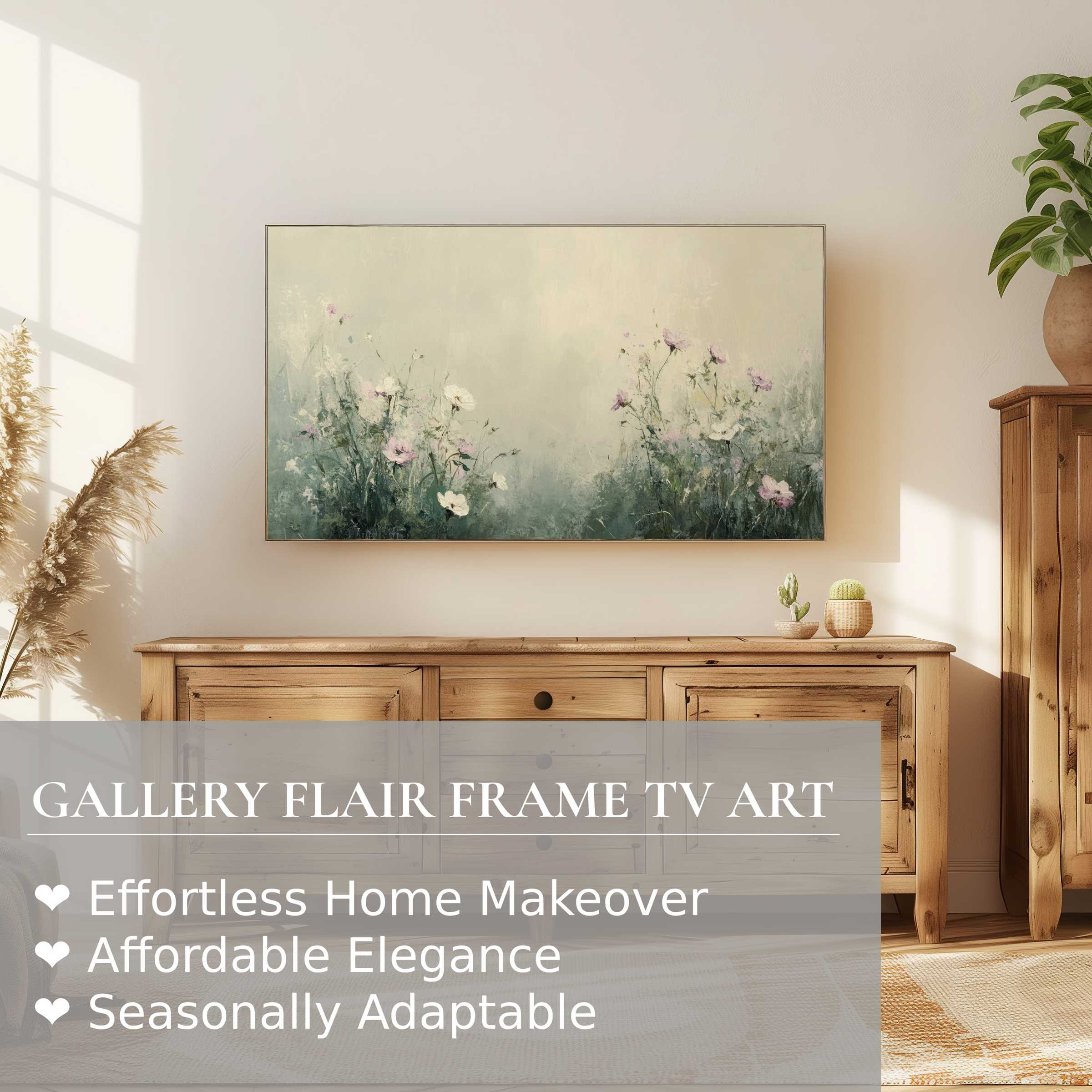 Samsung Frame TV displaying delicate spring digital artwork in a sunlit room with rustic wooden decor