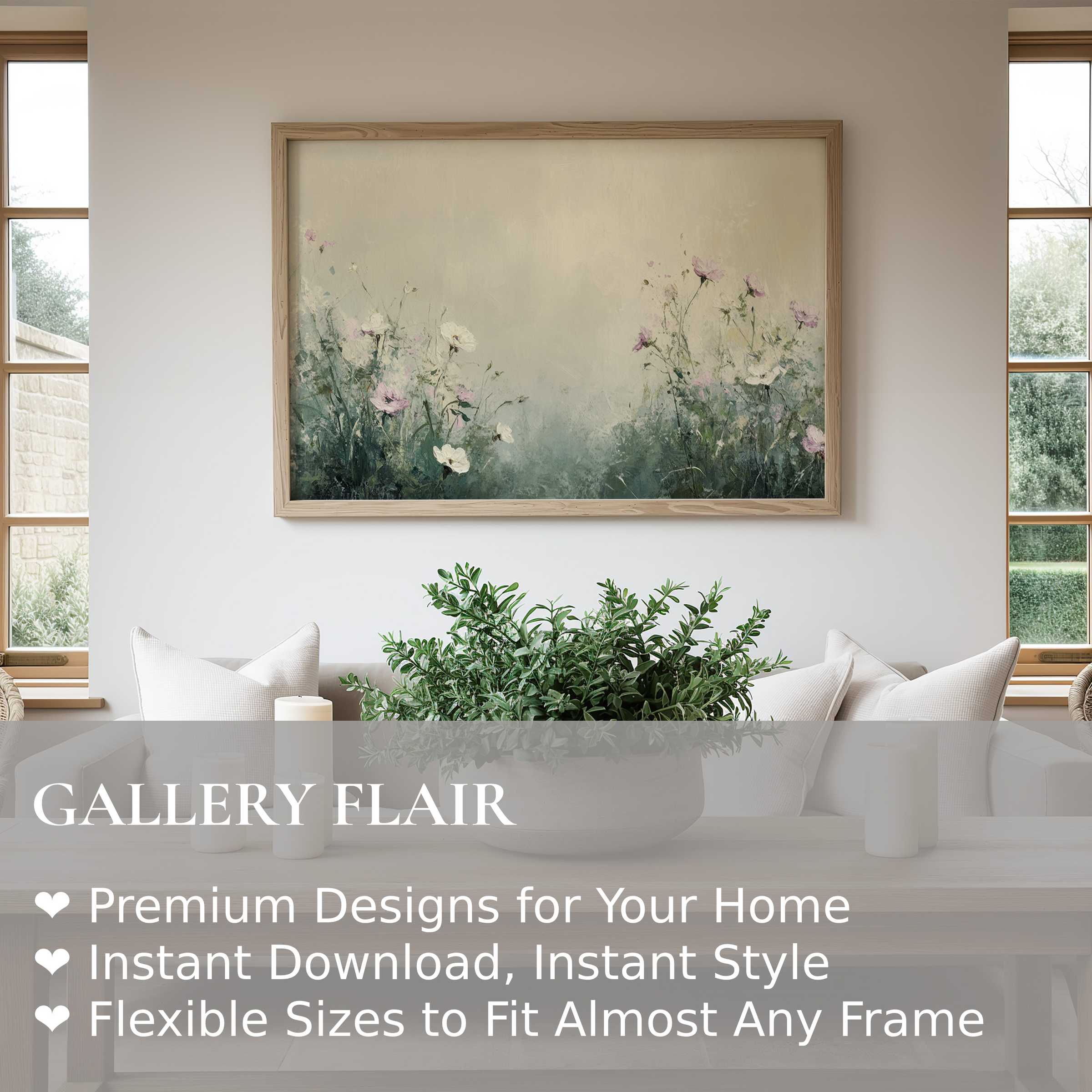 Serene spring wall art print with soft pastels and delicate florals, elevating modern, minimalist living spaces with calm elegance