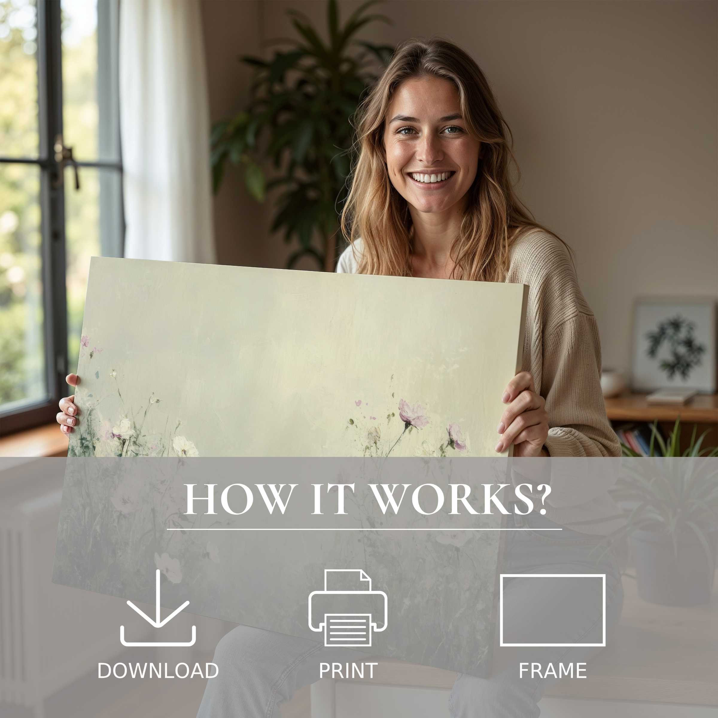 A serene spring digital art print evokes joy and connection, beautifully embraced in a sunlit, stylish modern home