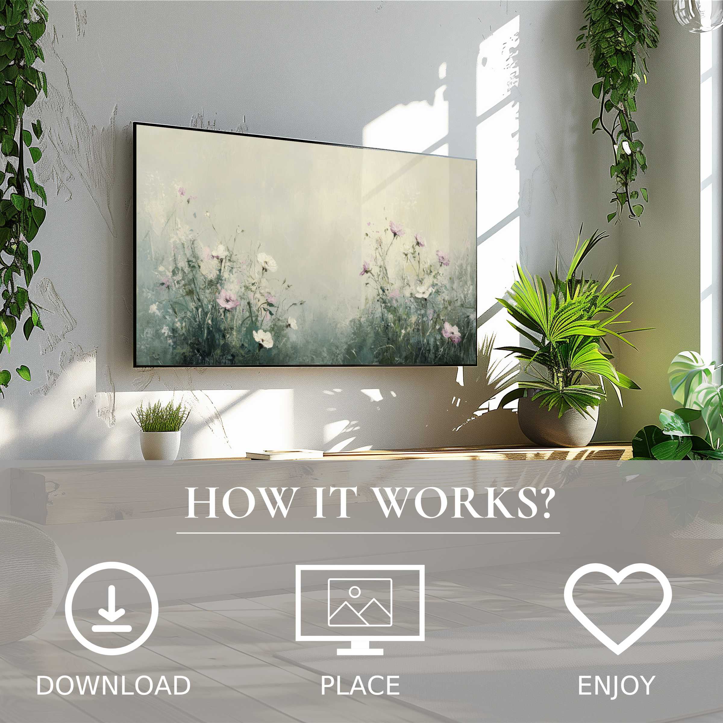Spring art for Samsung TV shows soft floral tones, easy digital download enriches modern living spaces