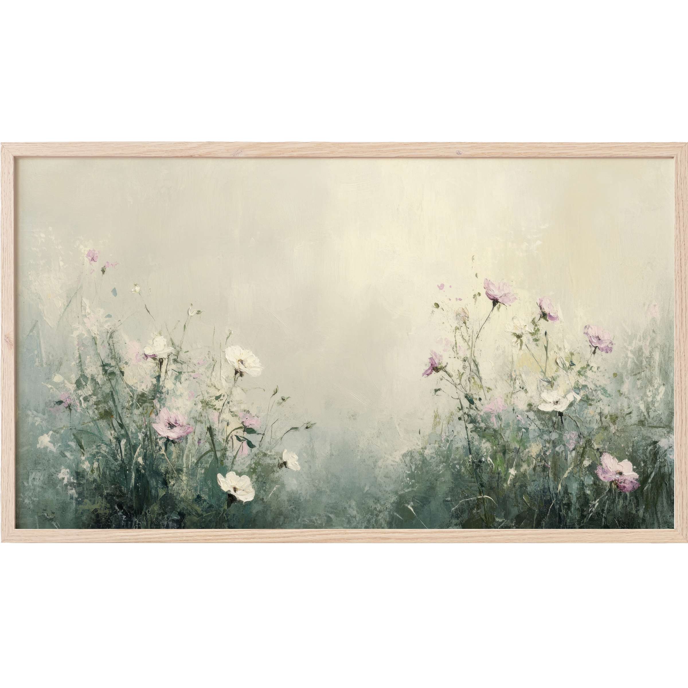 Delicate floral brushstrokes in soft pinks and greens evoke calm elegance in this spring Frame TV Art
