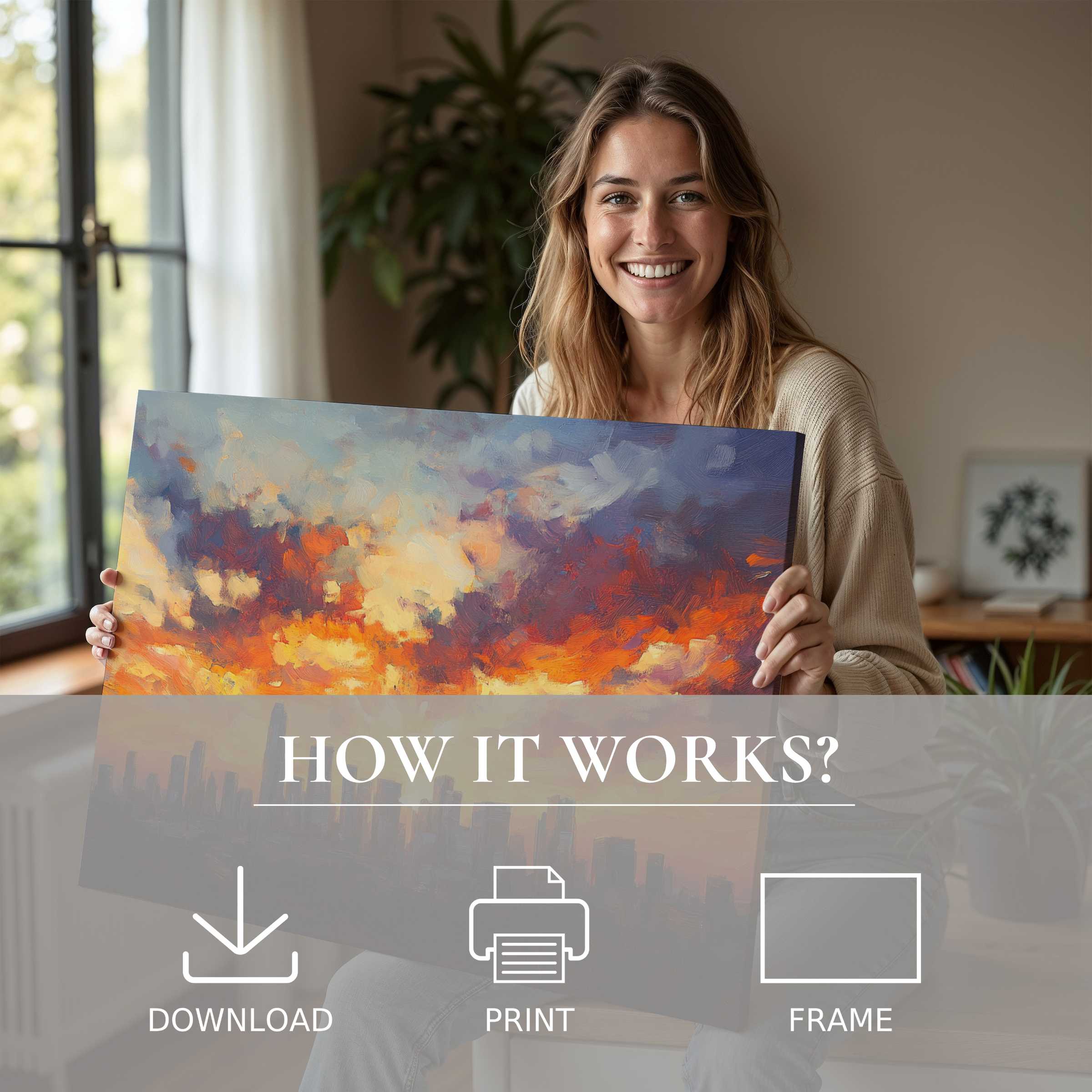 A radiant moment of serene joy as a woman embraces an urban digital art print, infusing her stylish home with effortless beauty