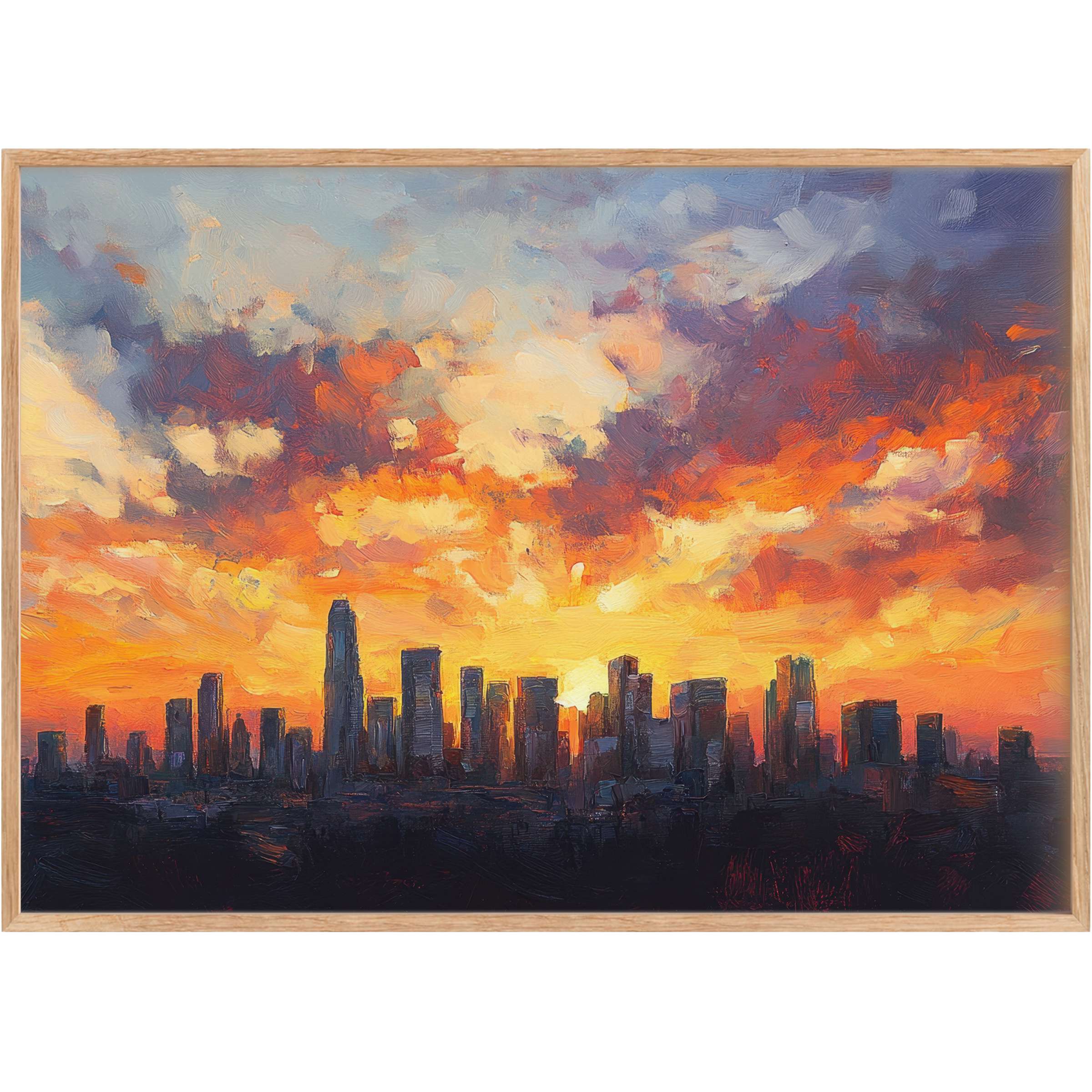 Urban printable wall art capturing a radiant sunset skyline in warm oranges and deep purples, elevating stylish city living spaces