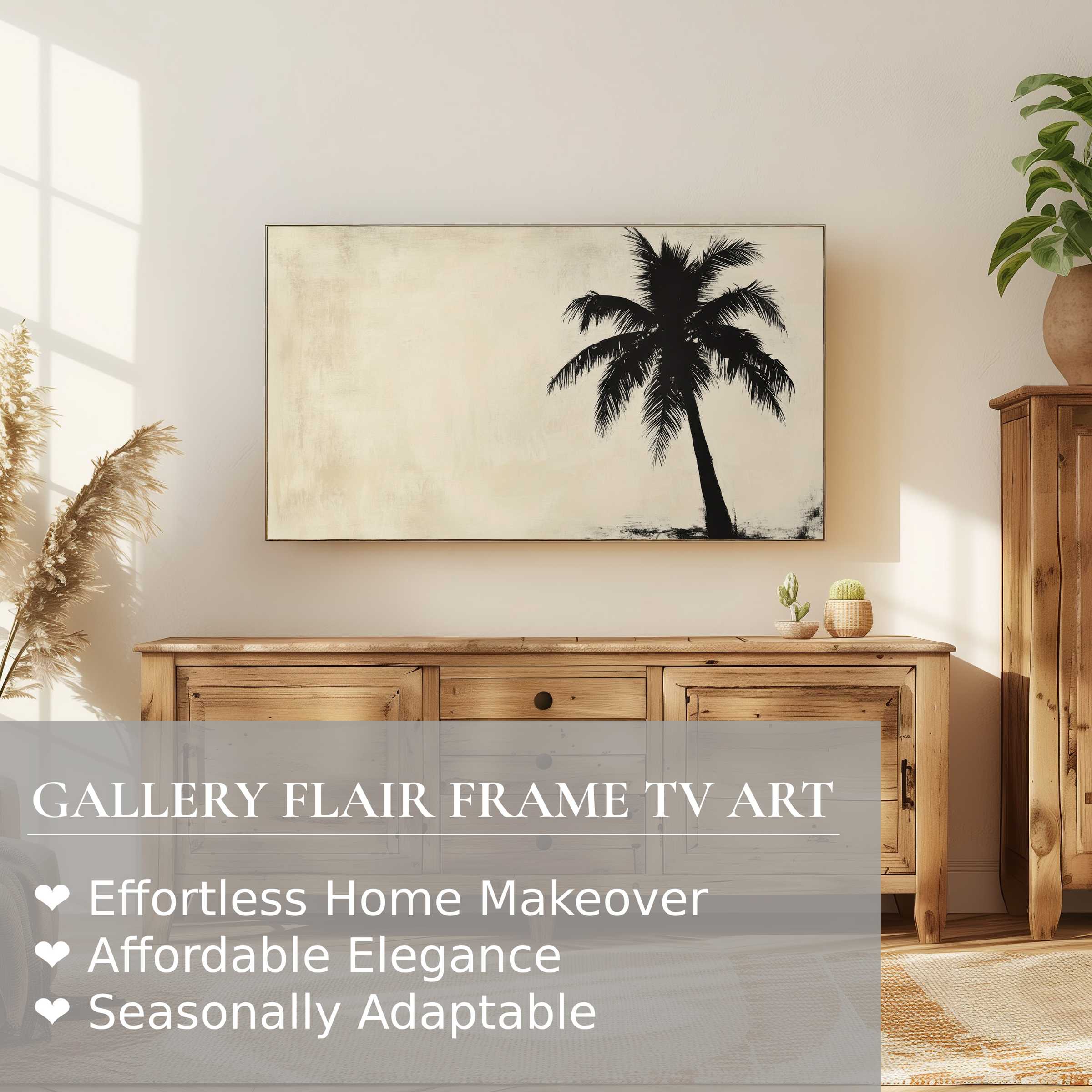 Modern living room with warm wood tones, Samsung Frame TV displaying neutral digital artwork of a palm tree