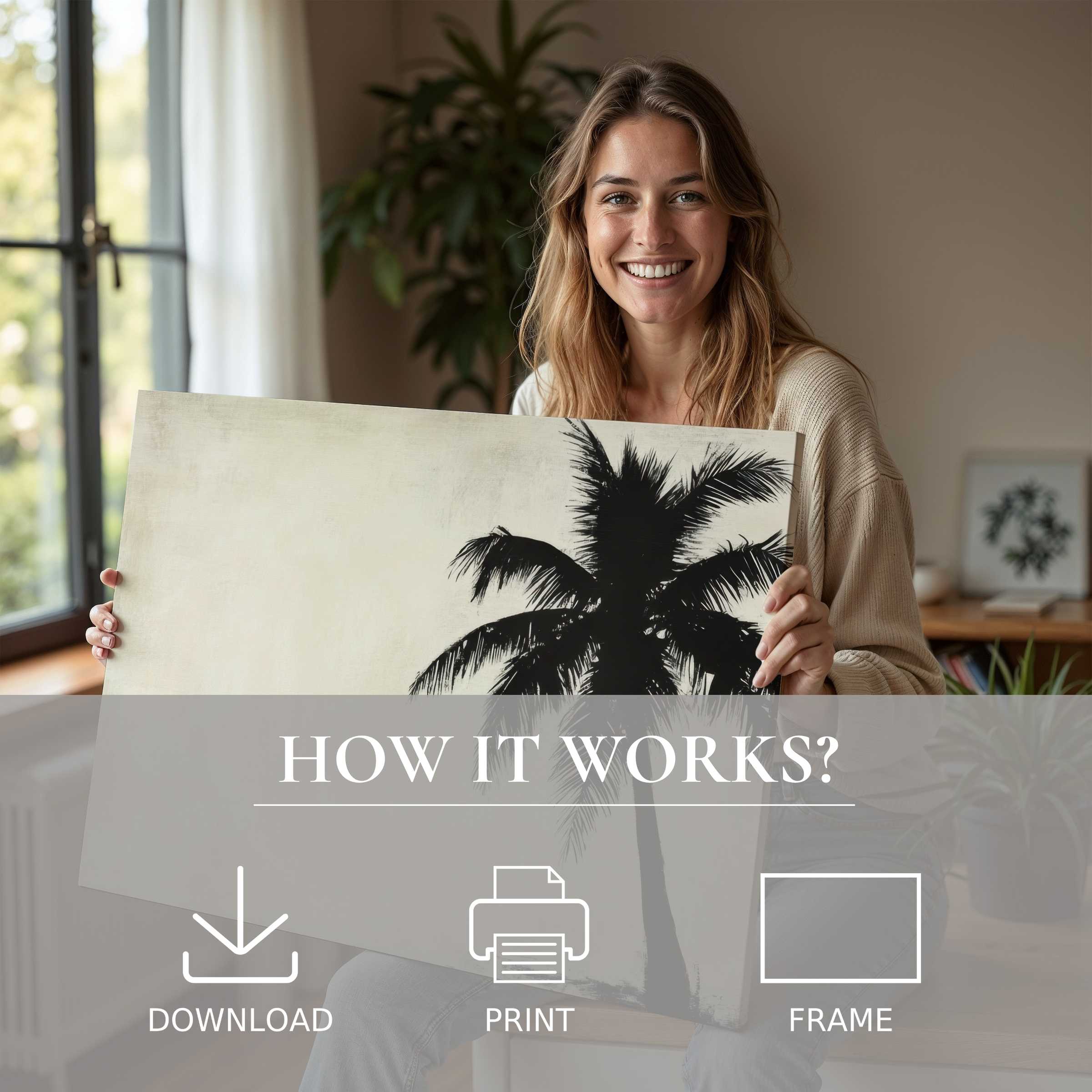 Radiant woman in serene modern home cherishes a neutral digital art print, embodying joy and effortless elegance in living with art
