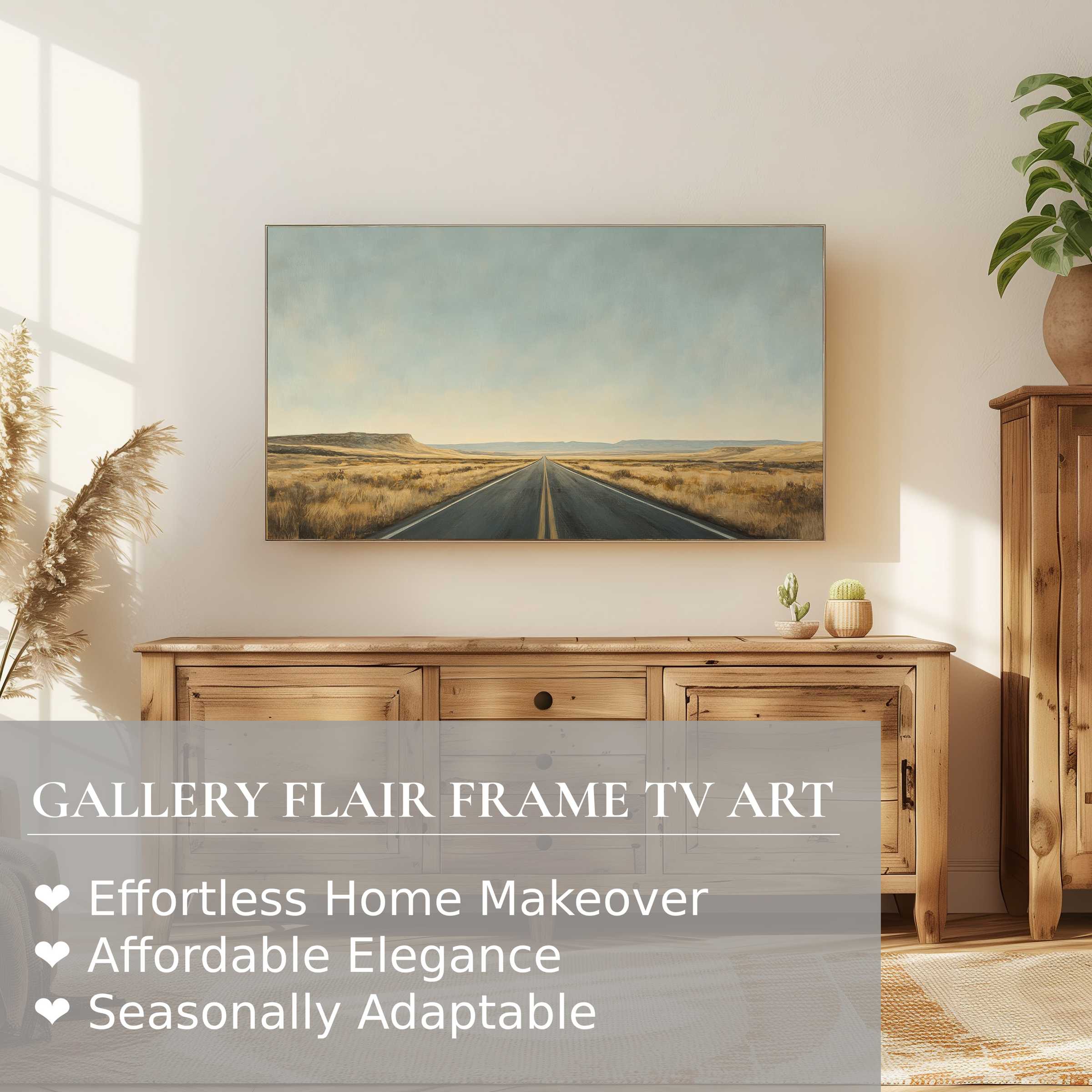 Samsung Frame TV displays minimalist digital artwork of a serene road landscape in a warm, elegant living space