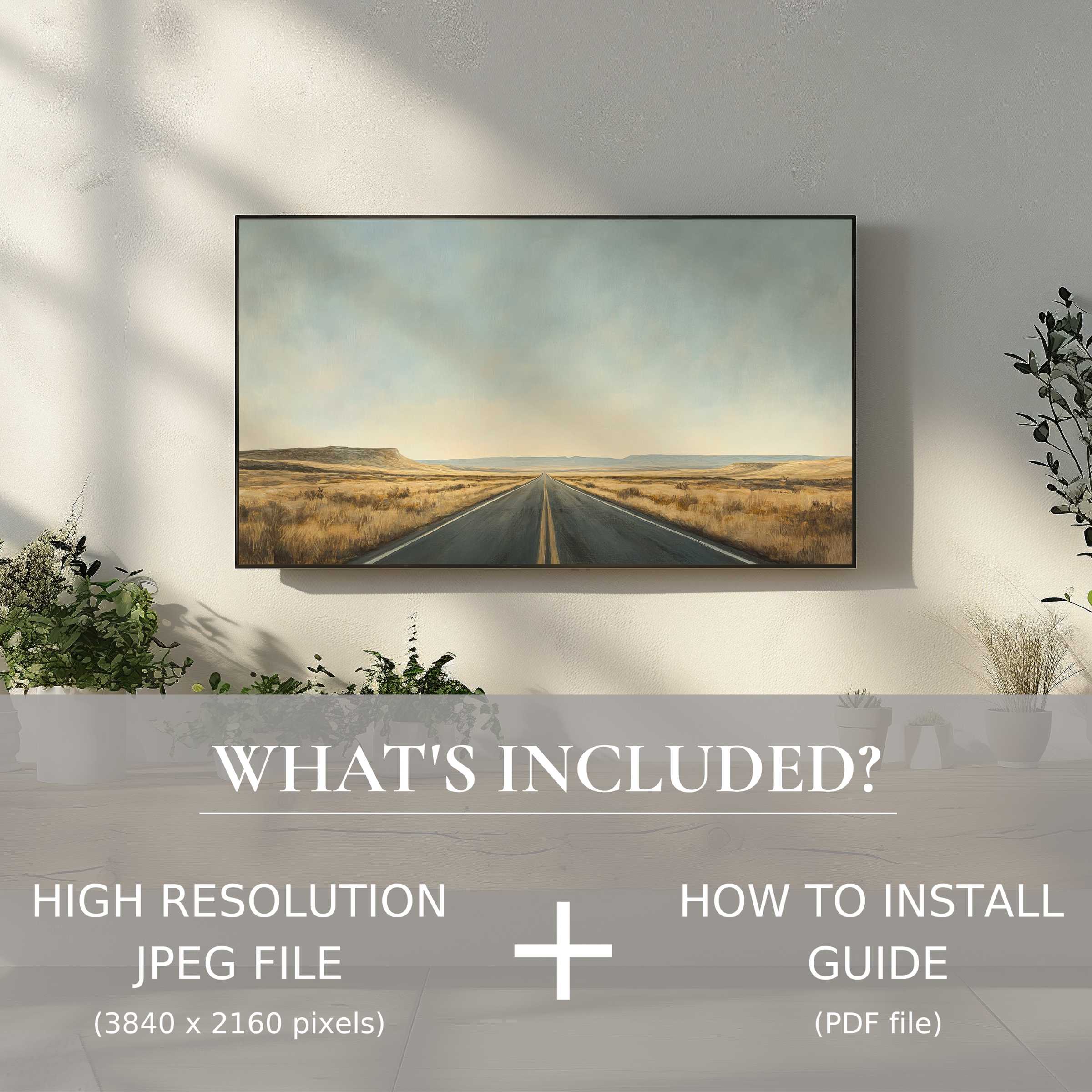 Minimalist digital TV art download of a serene road scene, easily enhancing modern spaces with effortless digital use