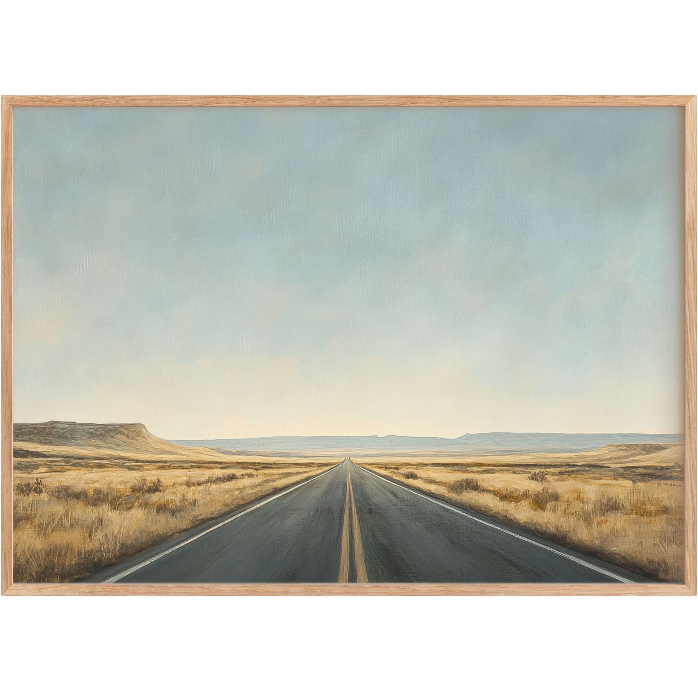 Minimalist printable wall art capturing a serene desert road at dawn, with soft blues and warm golds evoking calm and endless possibility