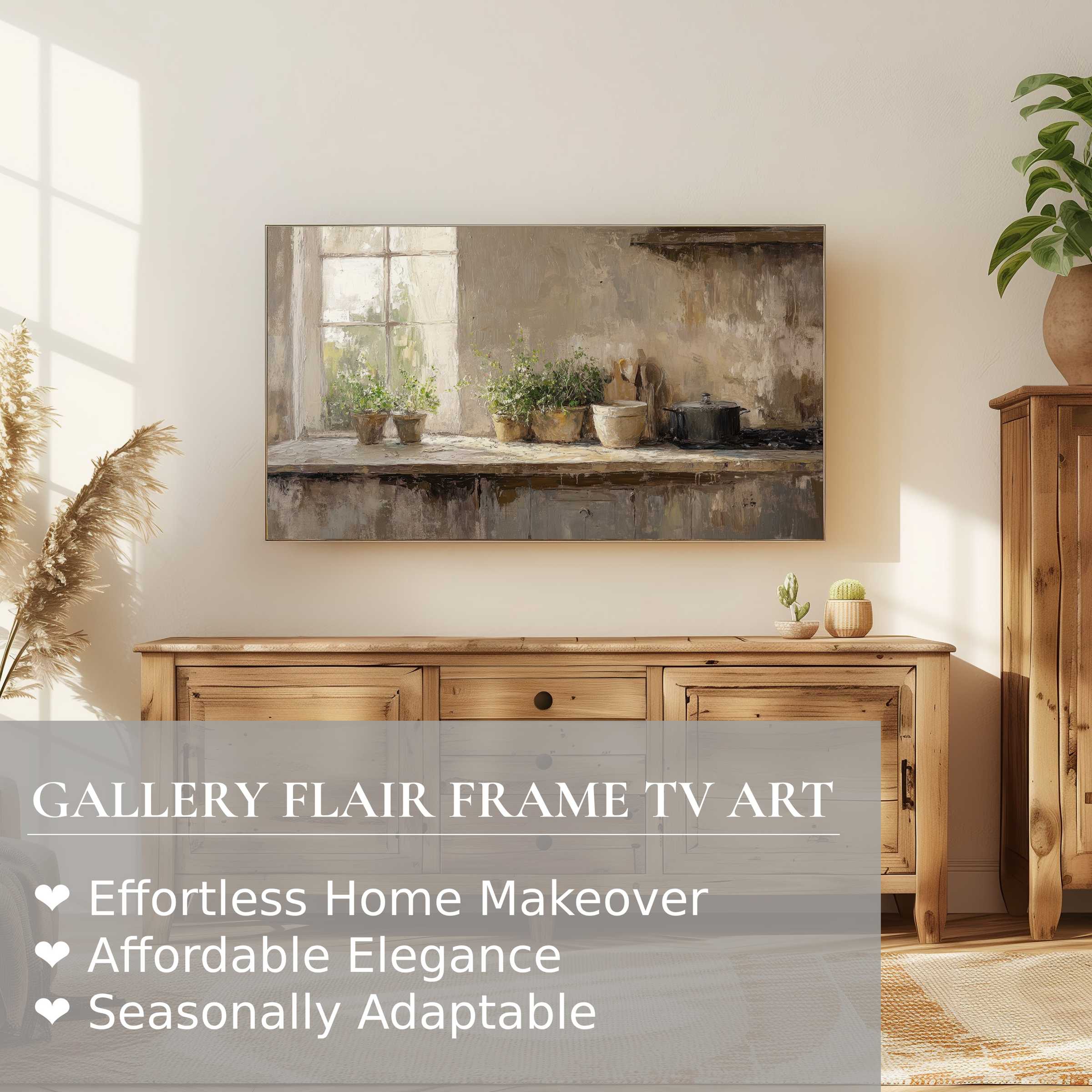 Samsung Frame TV displaying serene farmhouse digital artwork, blending rustic charm with modern home elegance