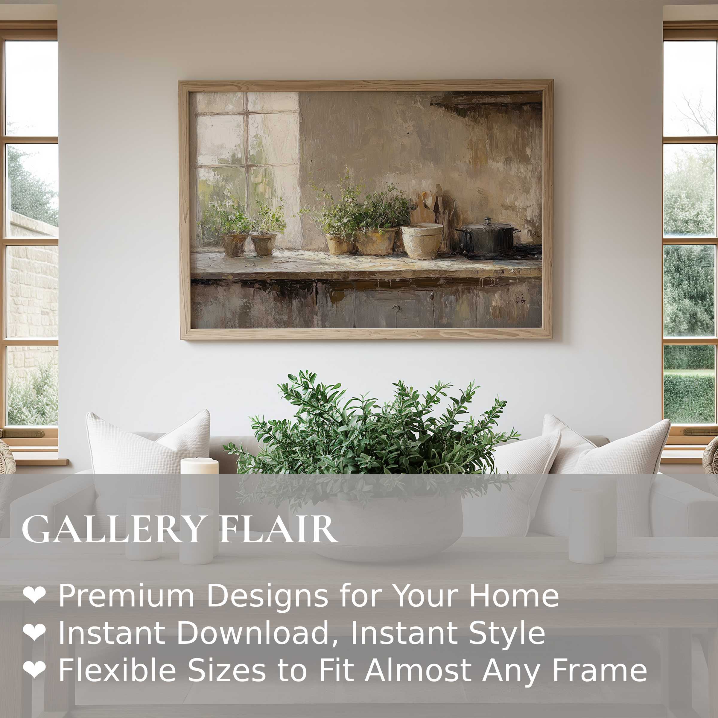 Farmhouse wall art print with soft, muted tones of rustic kitchen herbs and cookware, enhancing a serene, modern farmhouse living room