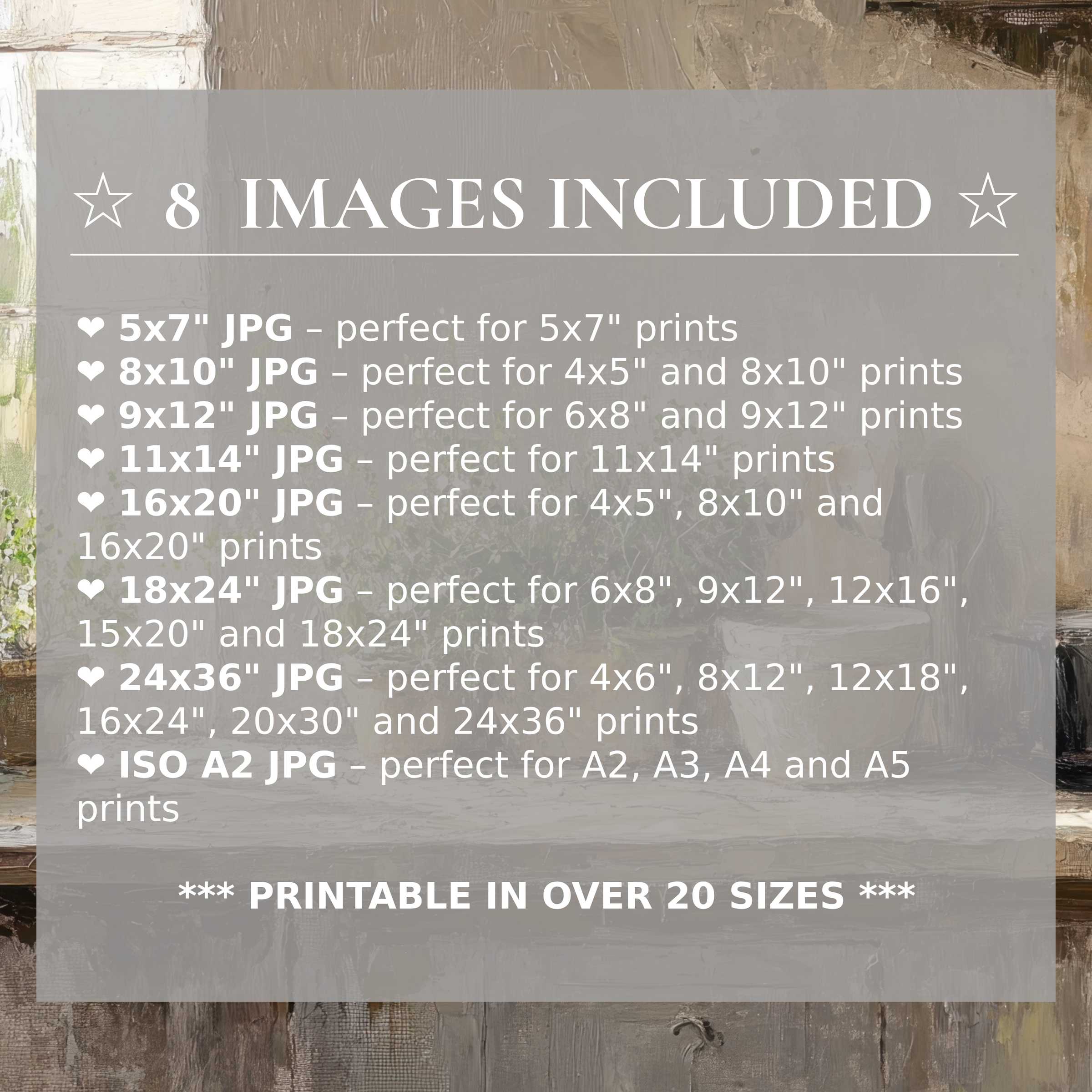 Farmhouse digital print featuring warm neutrals and rustic textures, available in 8 high-quality sizes included for effortless style and refined modern interiors