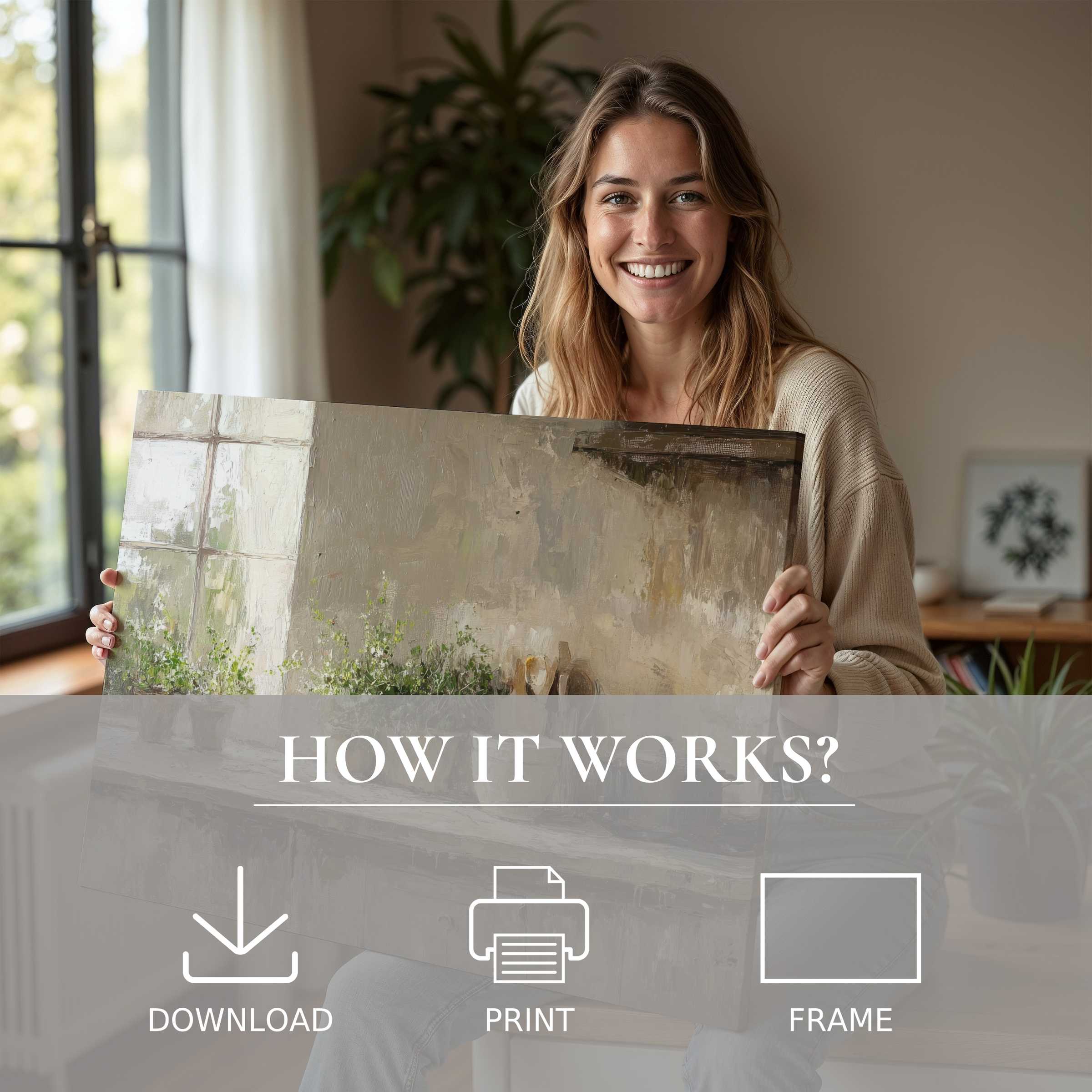 A joyful moment in a sunlit modern home, embracing the effortless beauty of a farmhouse digital art print