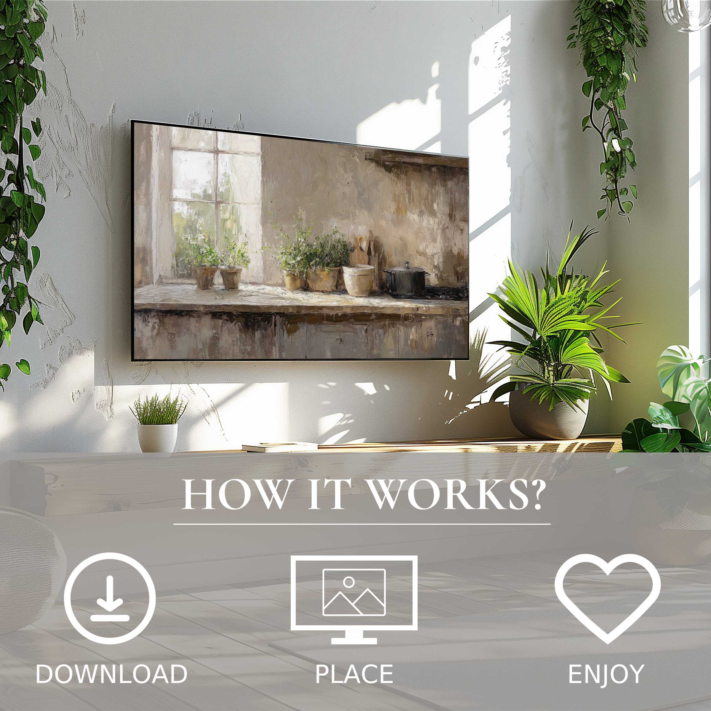 Farmhouse art for Samsung TV shows soft, earthy tones of potted plants; easy digital download enriches your space