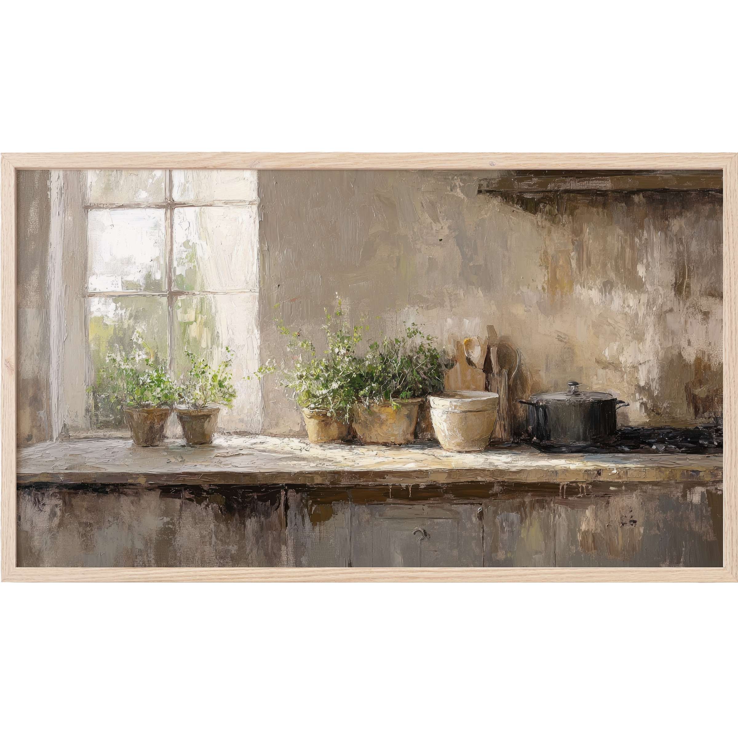 Farmhouse Frame TV Art showcasing a rustic kitchen scene with muted earth tones and soft natural light