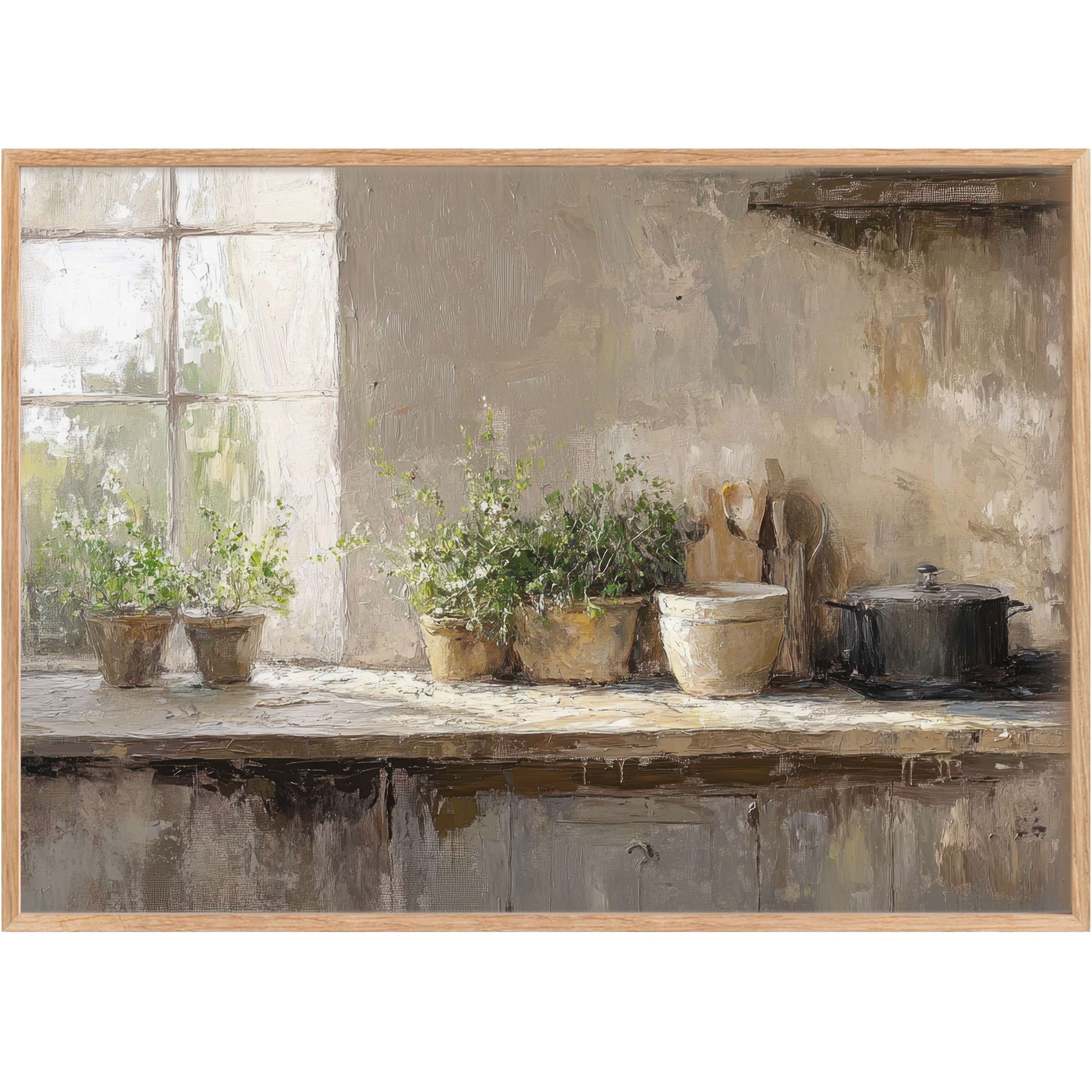 Serene farmhouse printable wall art with soft beige tones, sunlit greenery, and rustic kitchen elements creating a warm, inviting ambiance