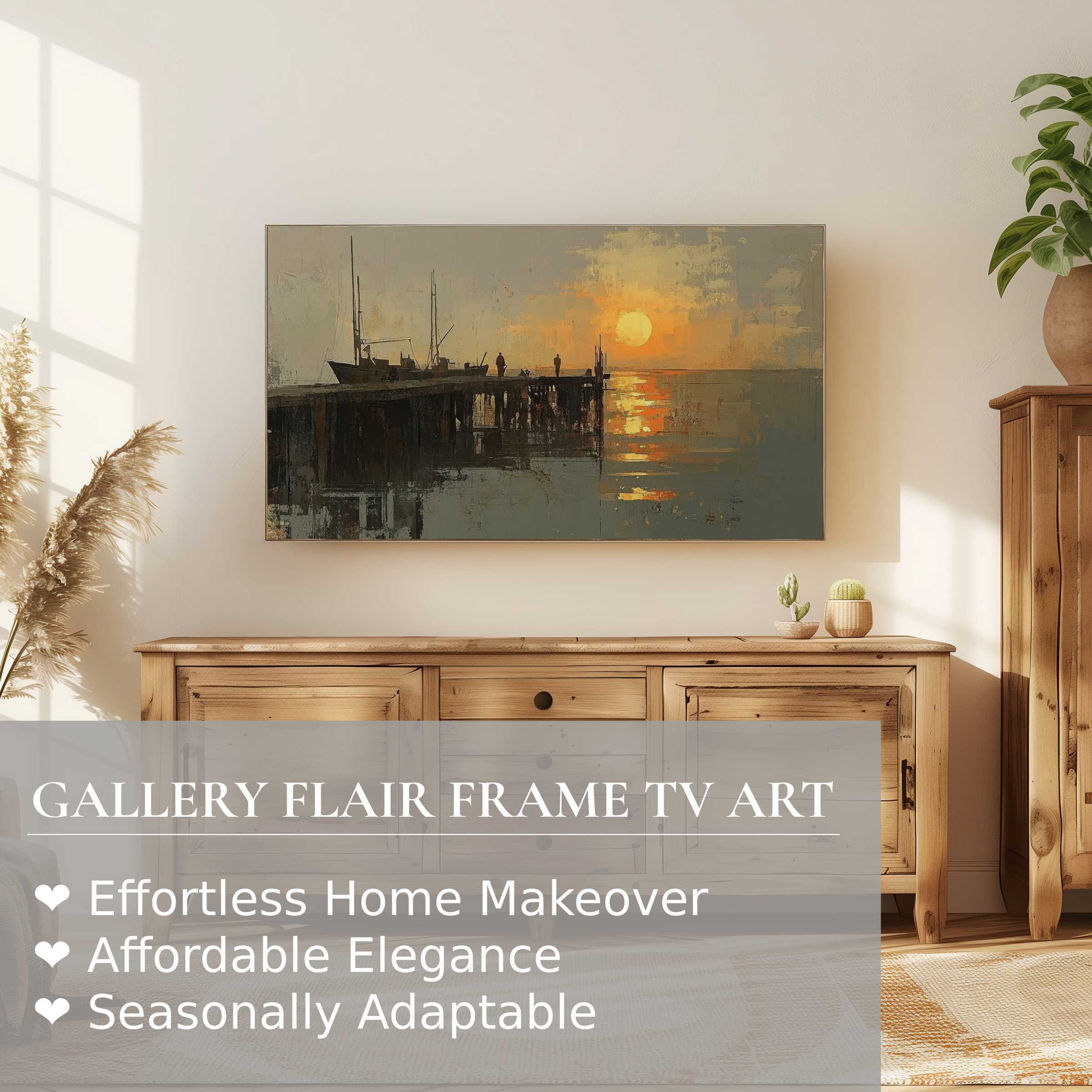 Elegant Samsung Frame TV displaying a muted beach digital artwork with a serene pier at sunset in modern decor