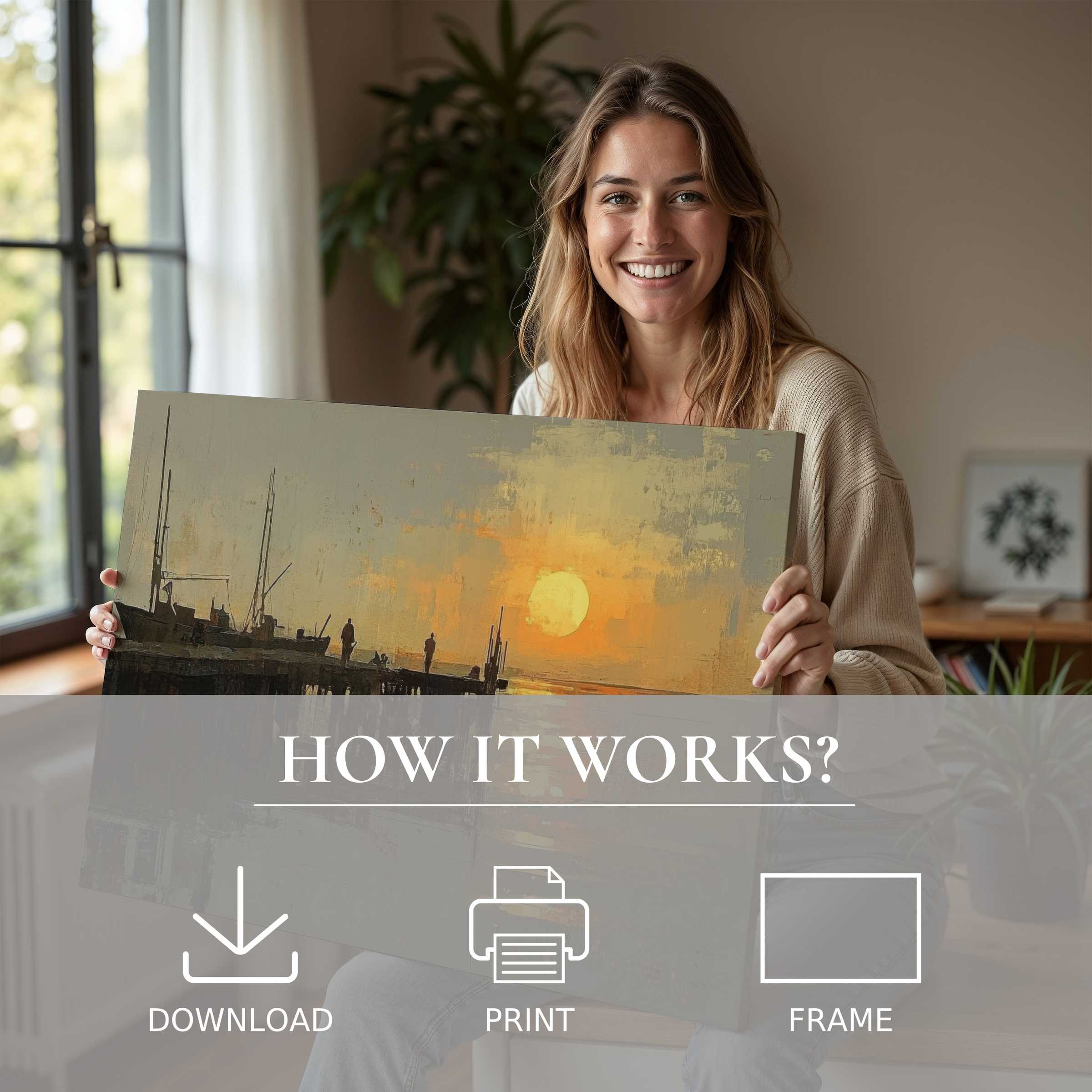 A woman in a serene modern home radiates joy as she reveals a beach digital art print capturing a tranquil sunset, elevating everyday living with effortless elegance