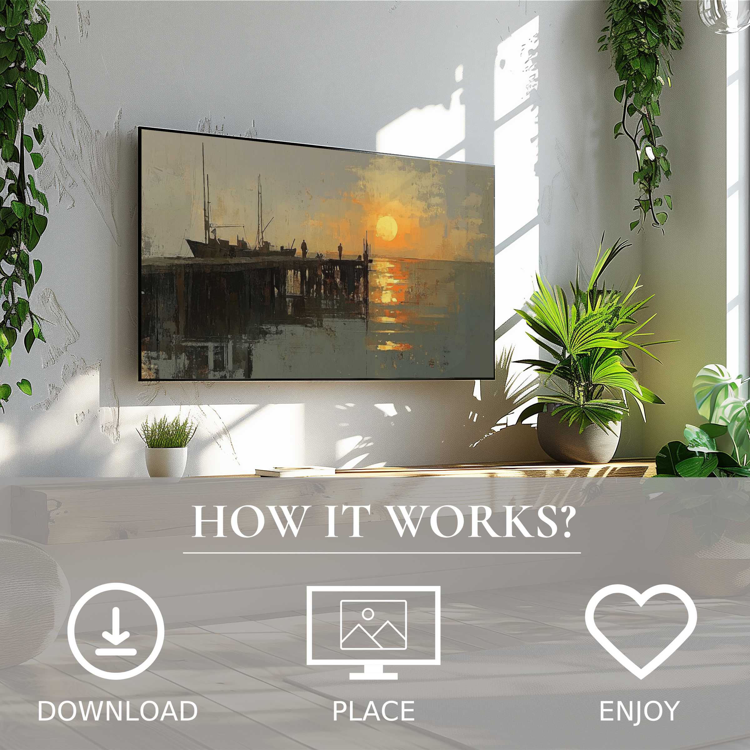Modern living room with digital download beach art for Samsung TV showing soft sunset tones enriching space