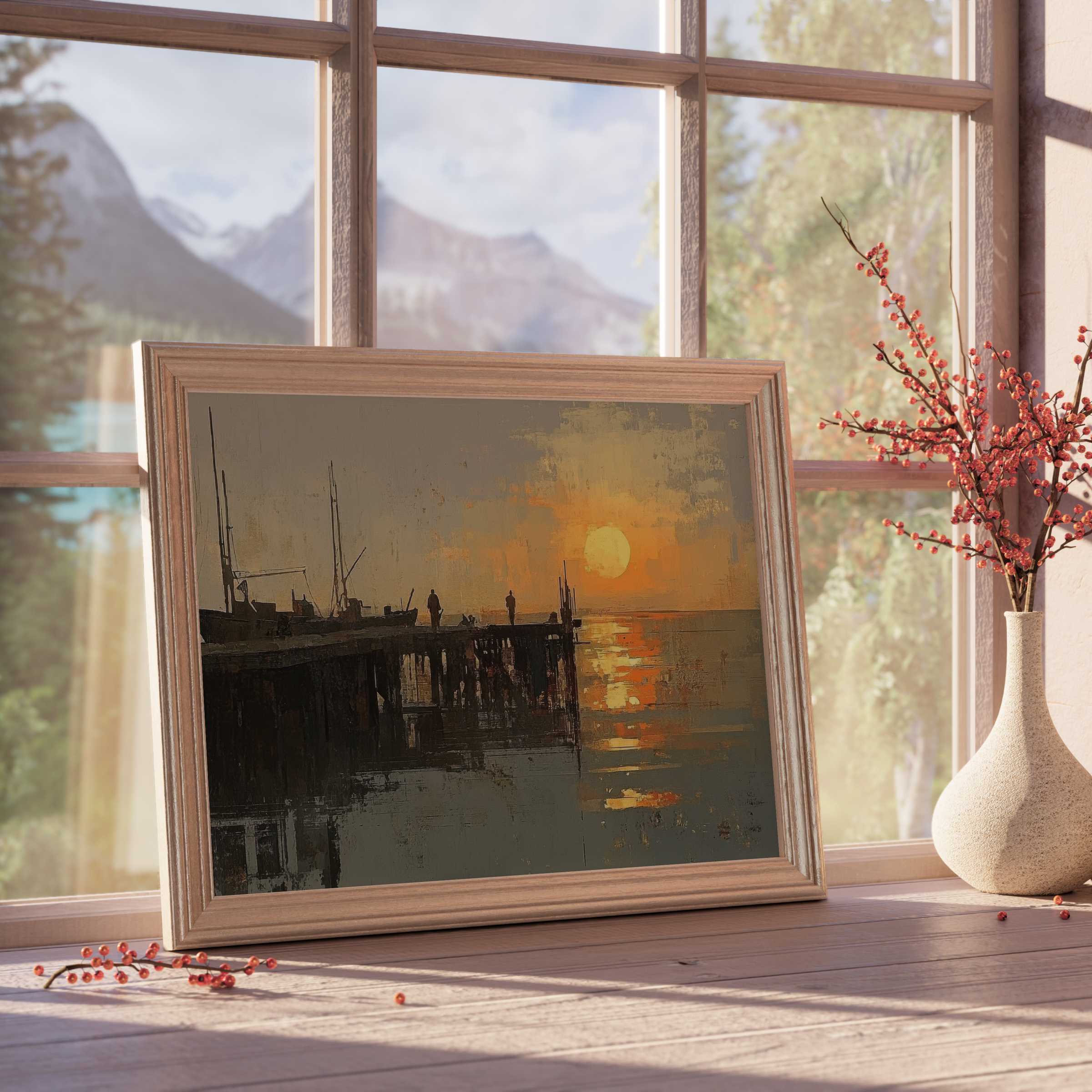 Tranquil beach downloadable art capturing a warm sunset glow over a silhouetted pier, perfect for curated coastal decor