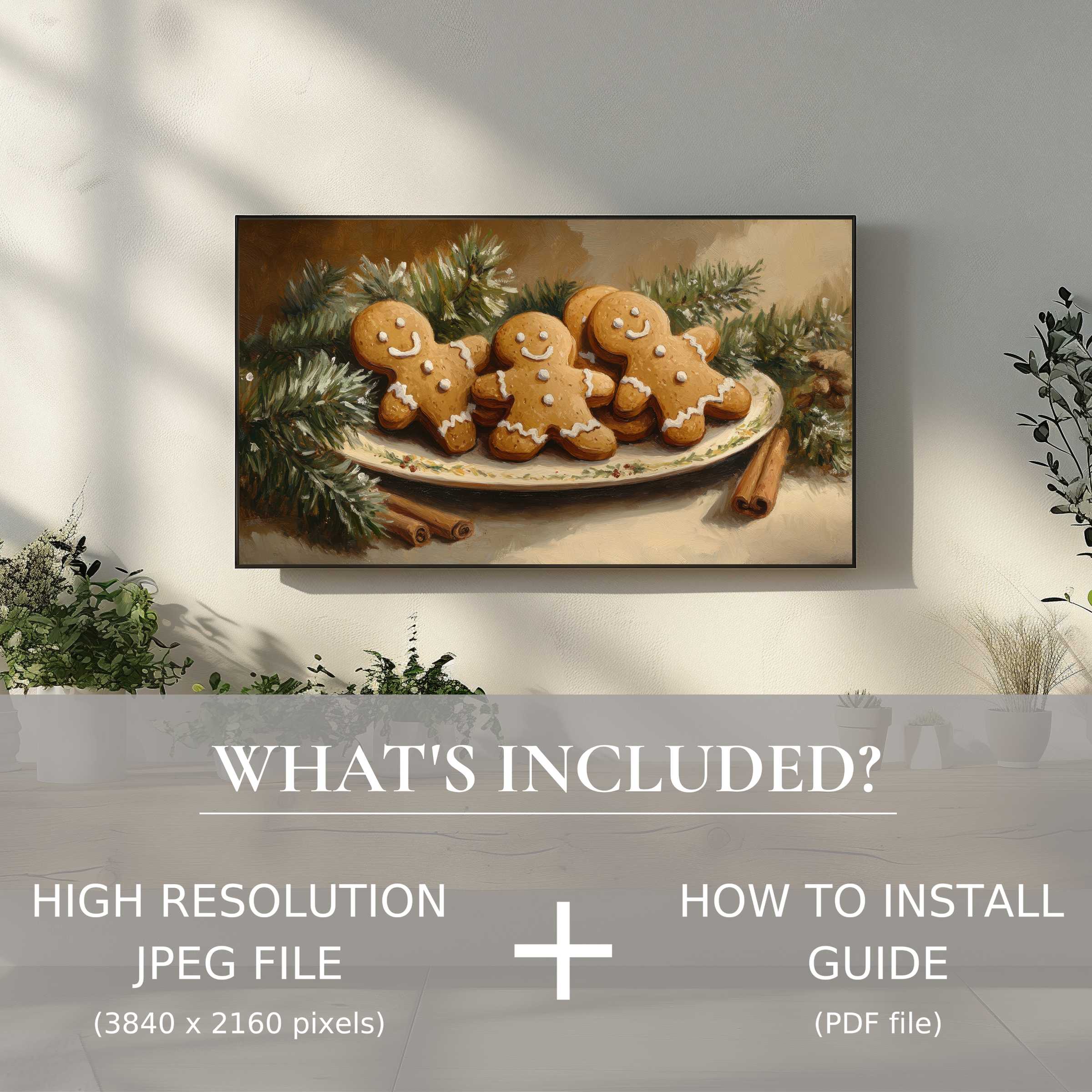 Elegant Christmas digital TV art download featuring gingerbread cookies, enhancing living spaces with effortless digital display