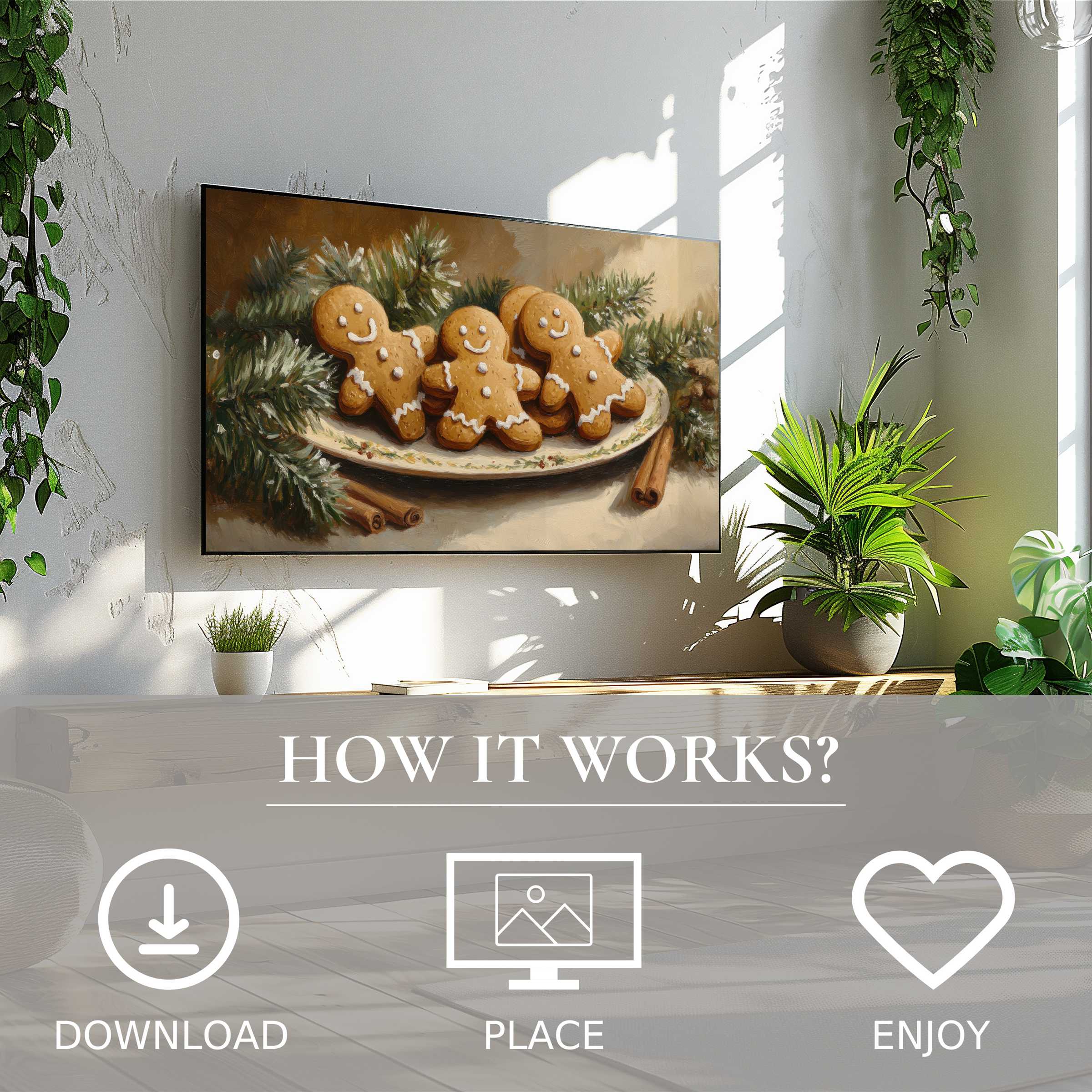 Modern living room with cozy gingerbread motif on Frame TV, easy digital download; christmas art for Samsung TV enhances space