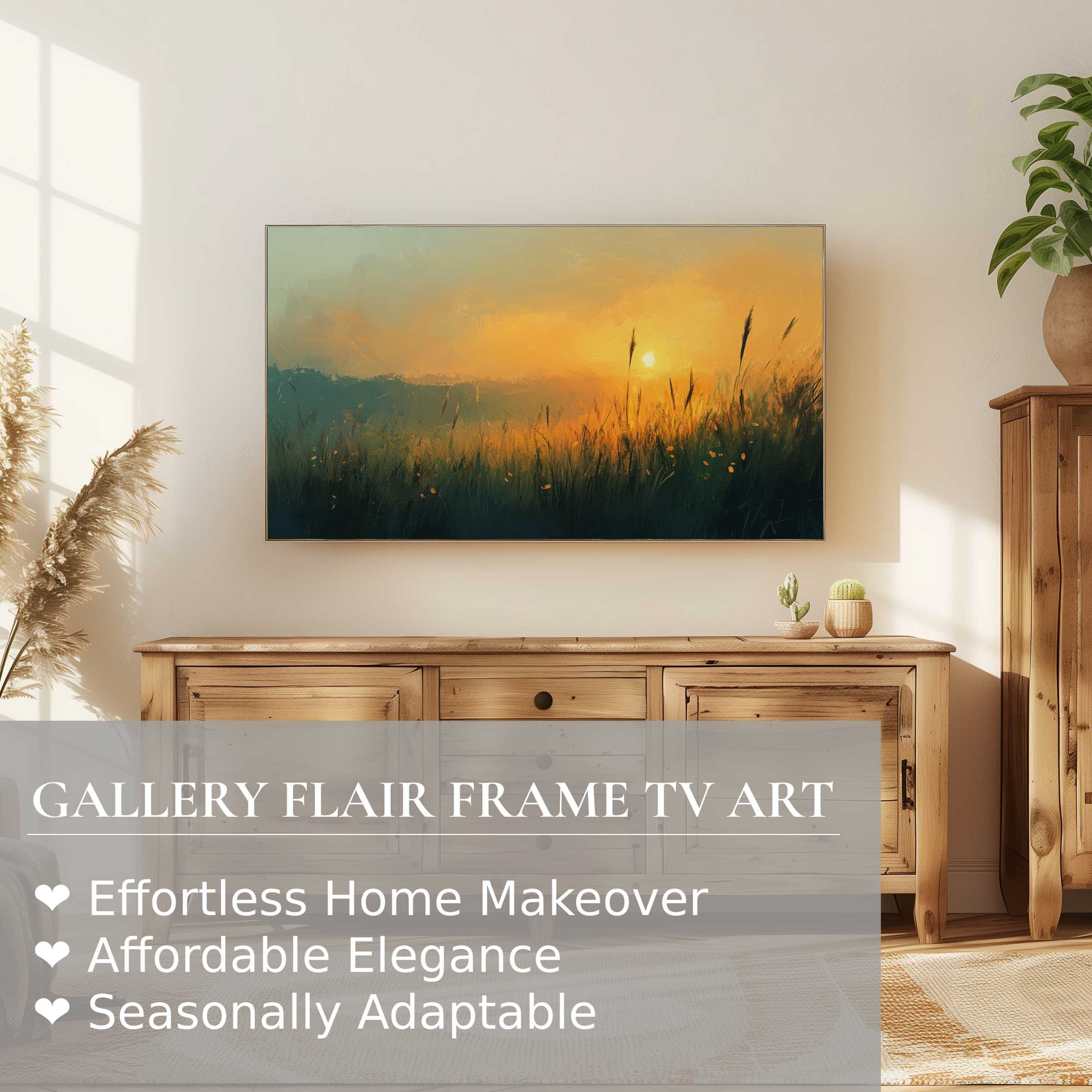 Modern Samsung Frame TV displaying warm, elegant landscape digital artwork, enhancing refined home decor interiors